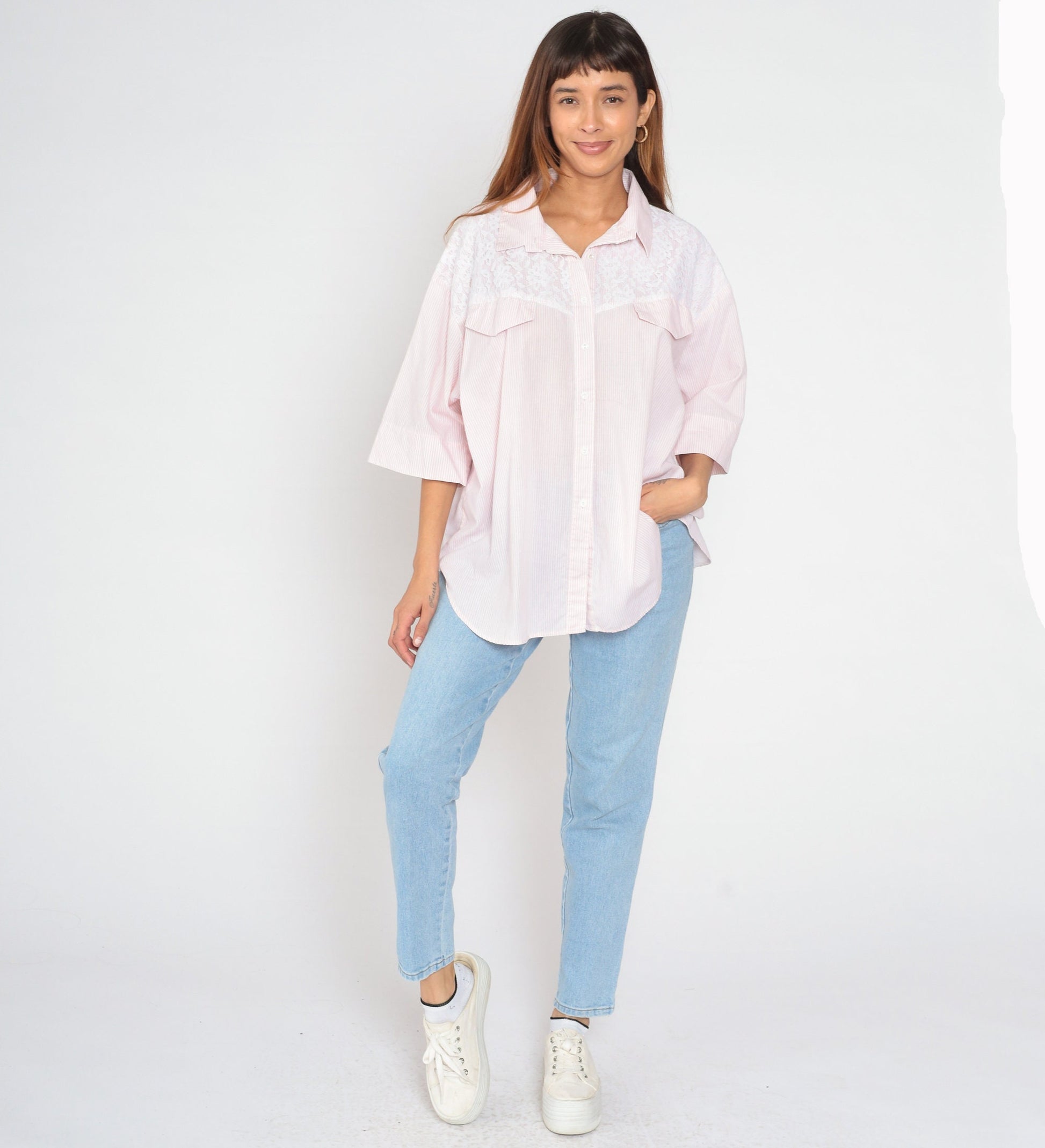 90s Pink White Striped Button-Up Blouse Lace Yoke Half Sleeve Extra Extra Large XXL