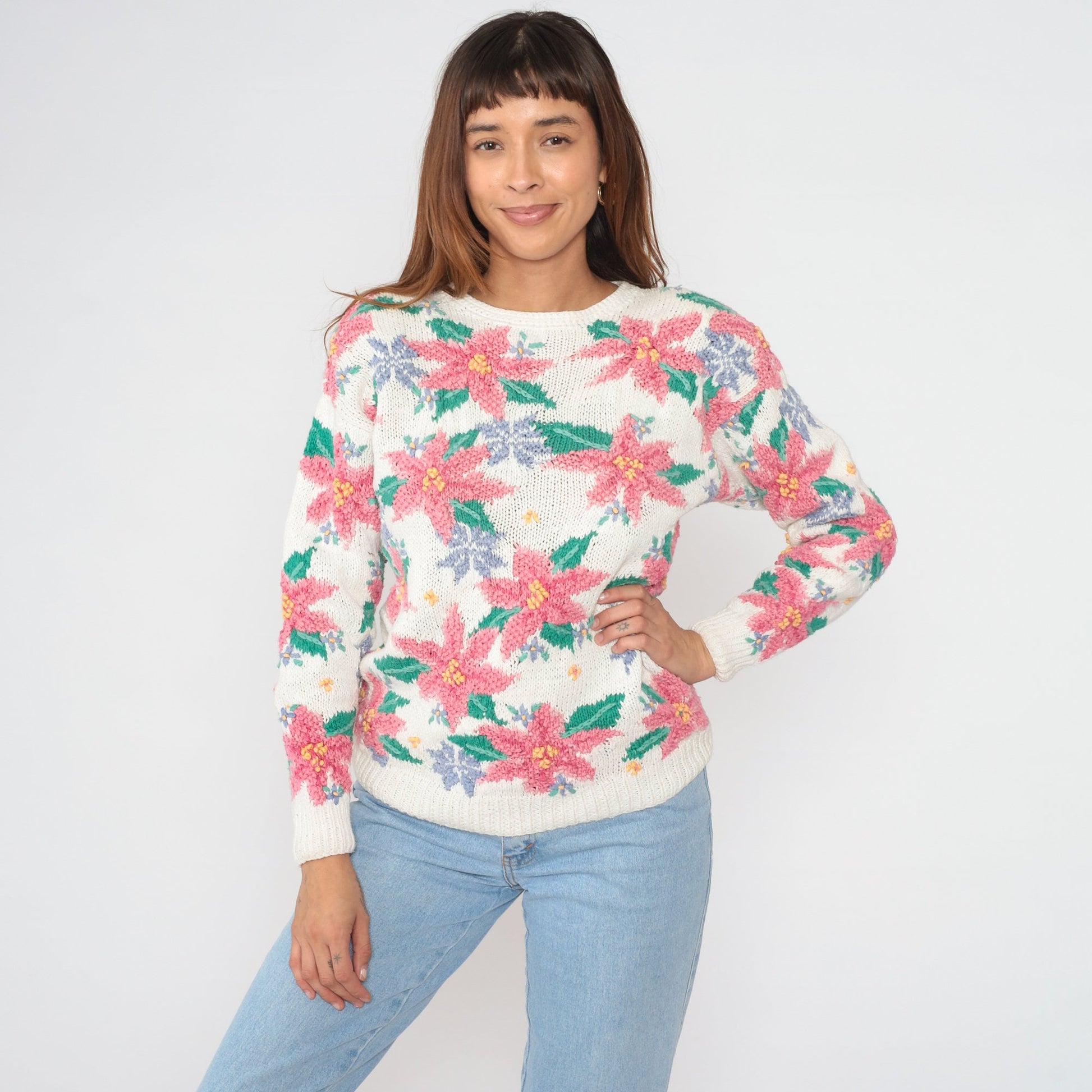 90s Northern Isles Floral Knit Sweater White Pink Green Crewneck Medium M