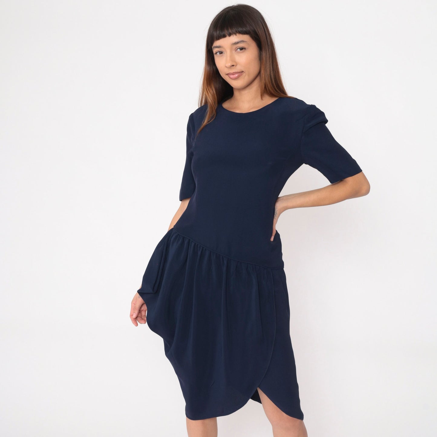 90s Navy Tulip Midi Dress Asymmetrical Drop Waist Gathered Pocket Medium 8