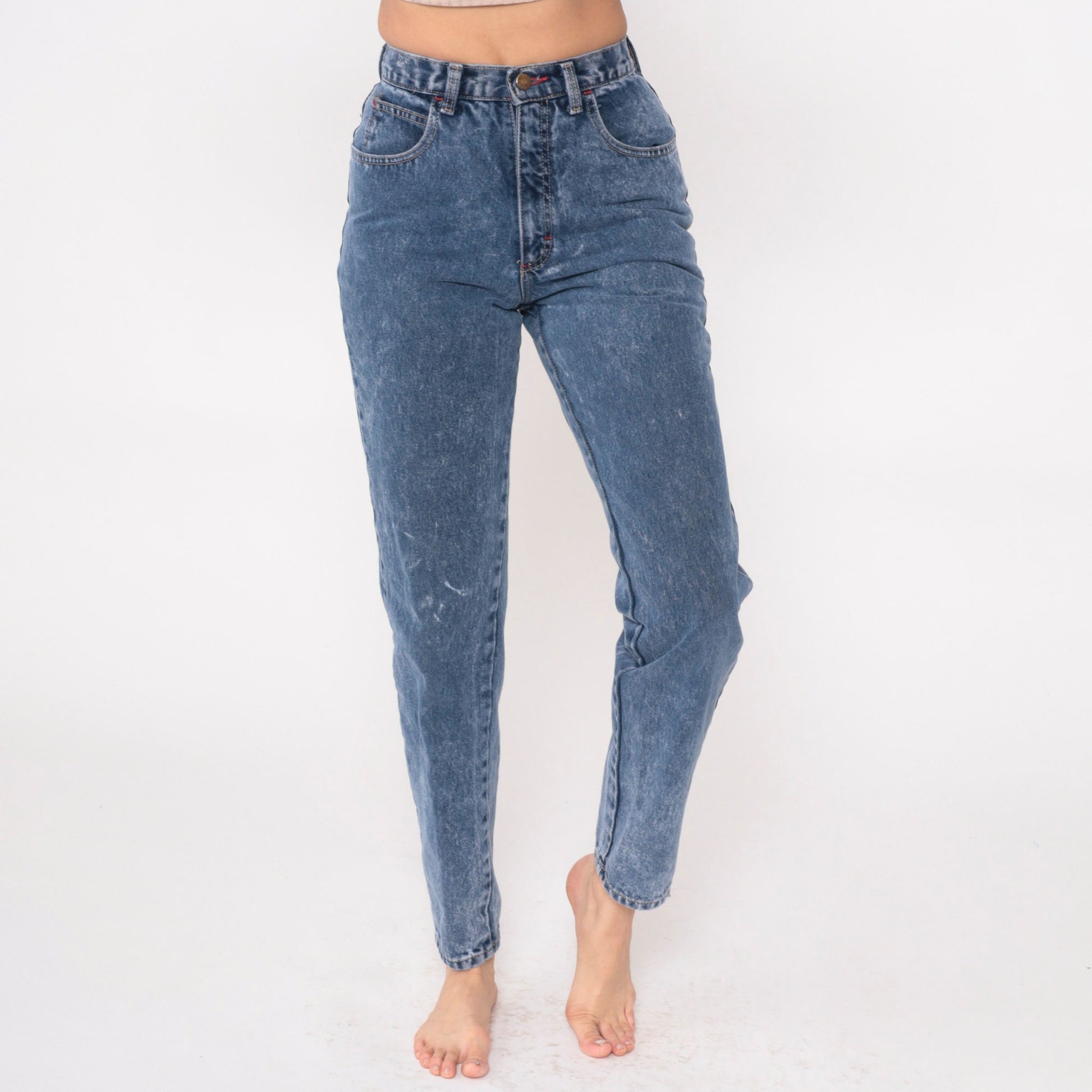 90s Zena Acid Wash High-Waist Tapered Jeans Blue Denim Small 26