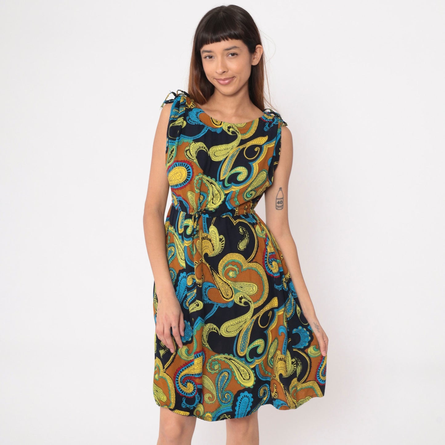 Y2K Paisley Sundress Drawstring Waist Sleeveless Shoulder Tie Black Yellow Medium