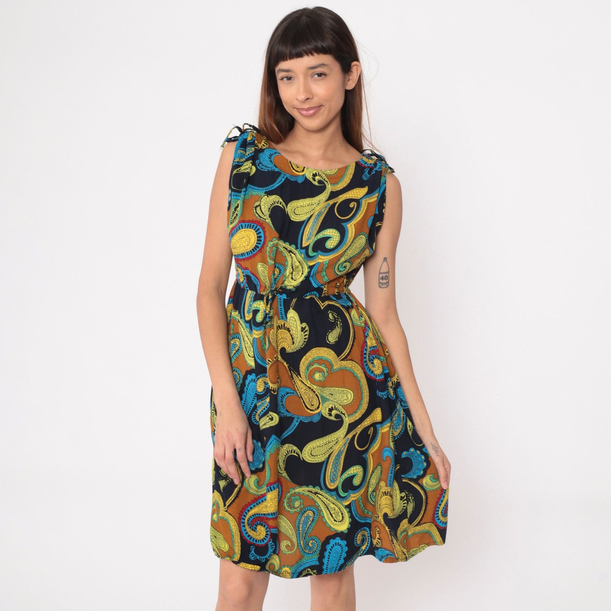 Y2K Paisley Sundress Drawstring Waist Sleeveless Shoulder Tie Black Yellow Medium