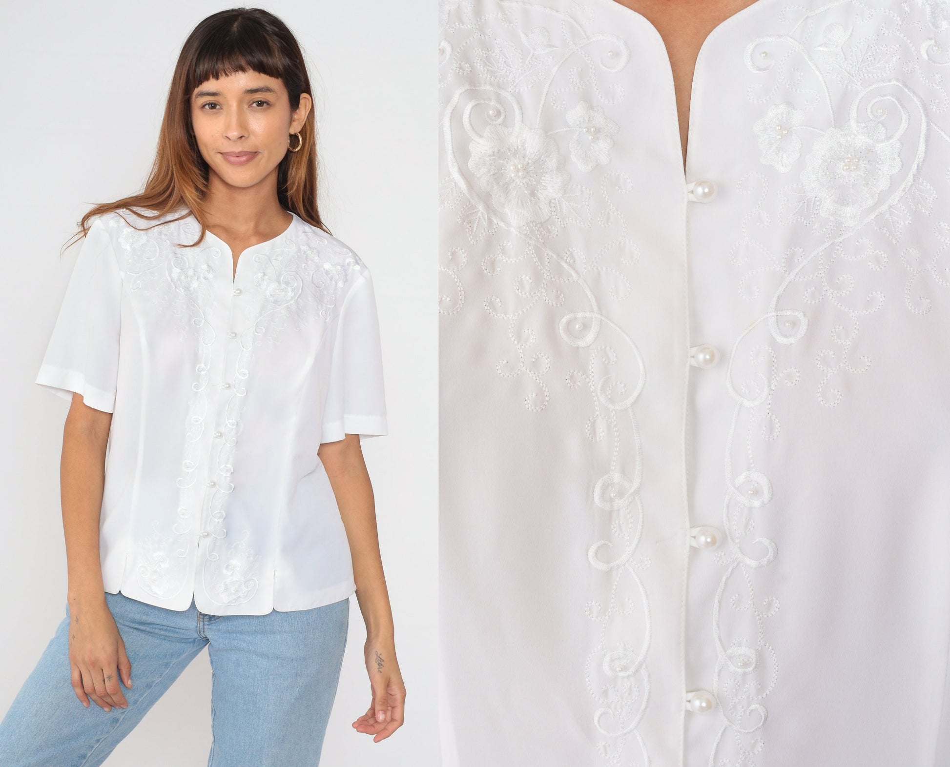 90s White Embroidered Pearl Beaded Button-Up Blouse Short Sleeve Large L