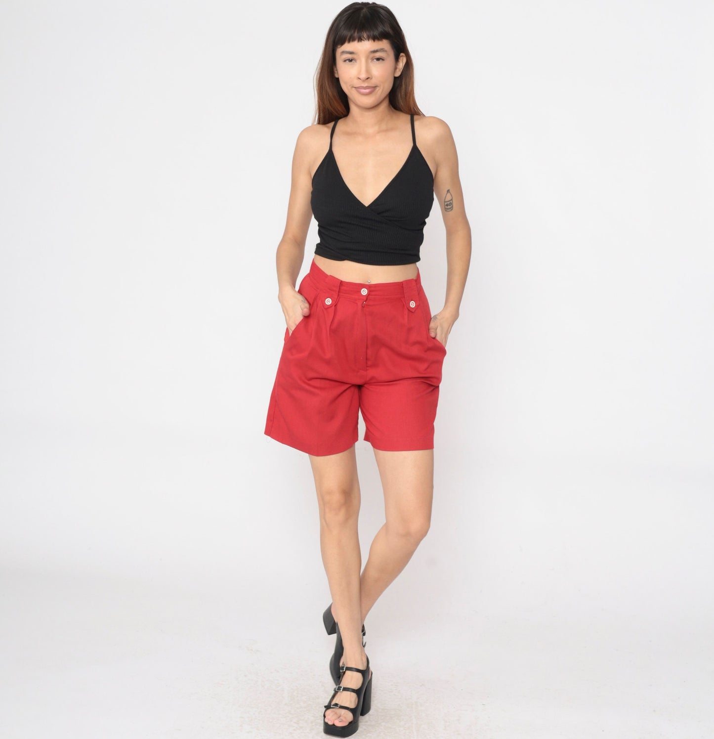 90s Red Pleated High-Waist Trouser Shorts Small 4