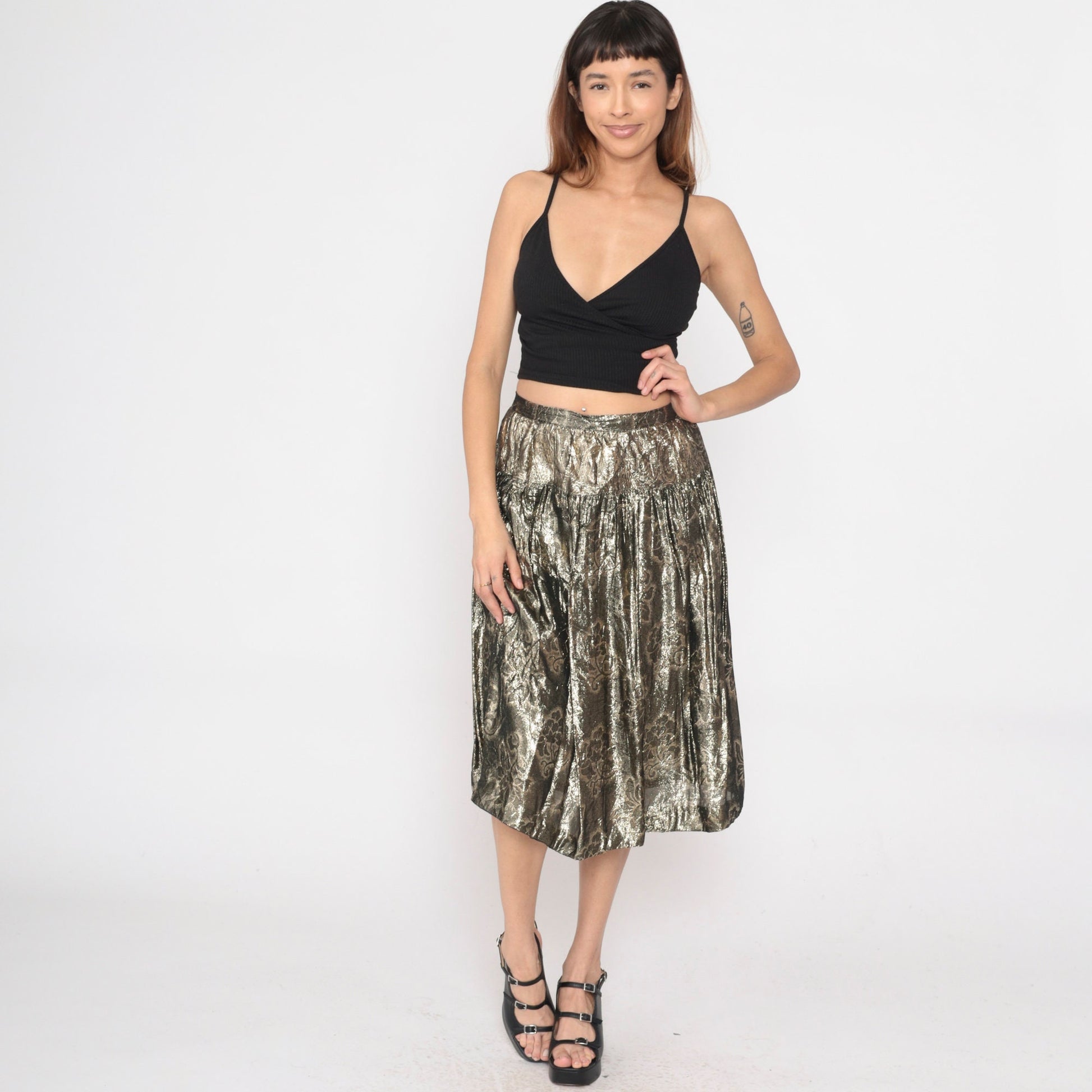 90s Gold Floral Midi Skirt High Waisted Metallic Yoke Small