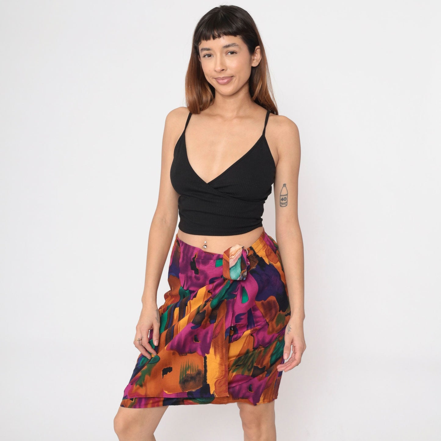 90s Sue Brett Abstract Watercolor Mini Skirt Faux Wrap Elastic Waist Medium Large