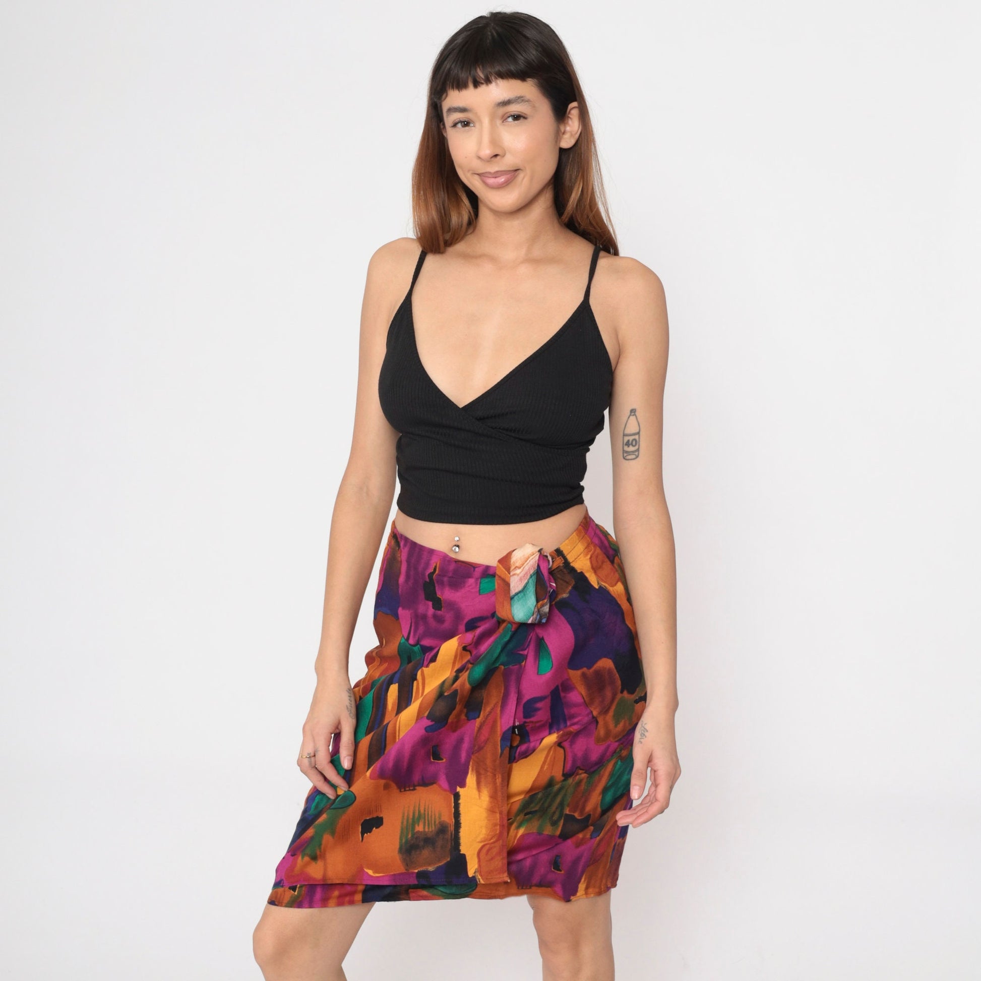90s Sue Brett Abstract Watercolor Mini Skirt Faux Wrap Elastic Waist Medium Large