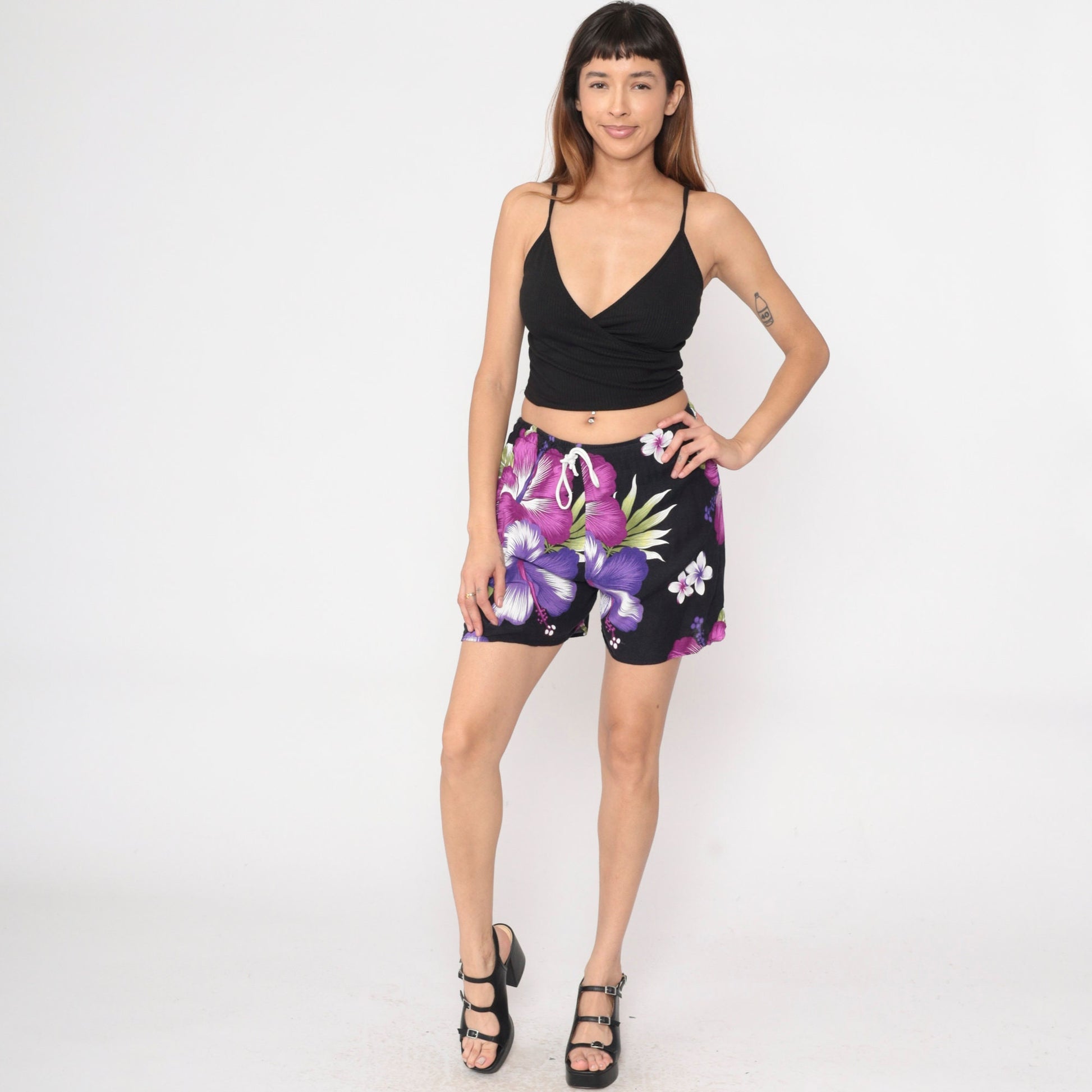 Y2K Black Rayon Shorts Purple Hibiscus Tropical Floral Drawstring Small Medium