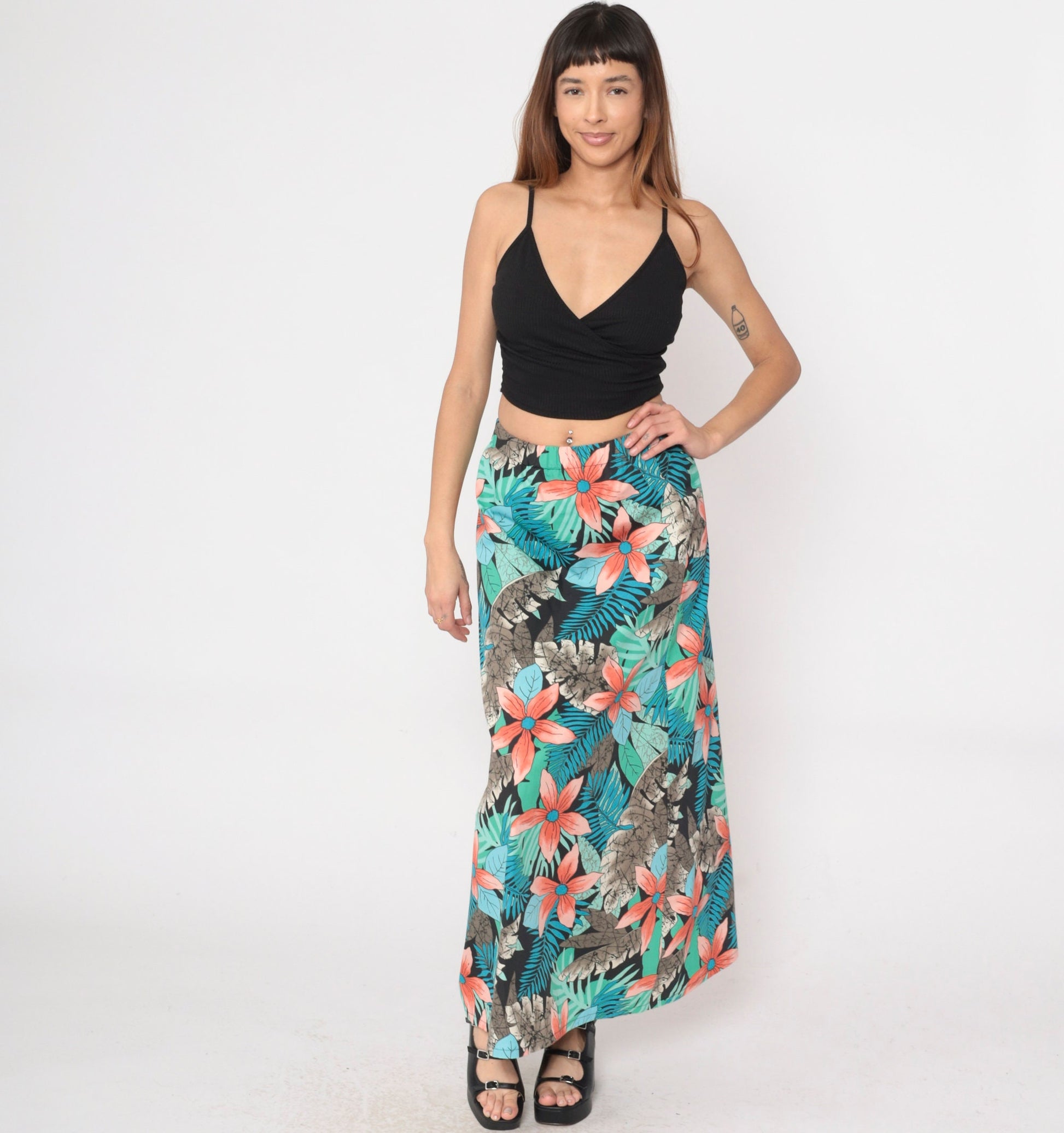 80s Tropical Floral Maxi Skirt High Waist Fern Print Blue Green Orange Small