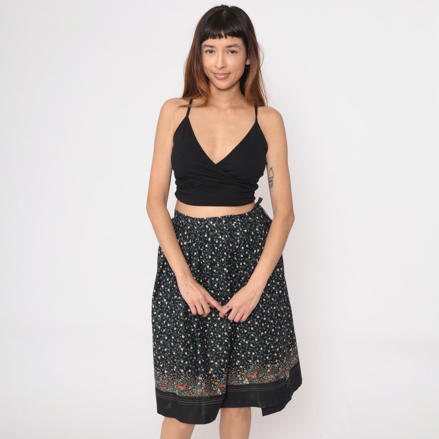 80s Black Floral Animal Print Wrap Skirt Ditsy Bunny Squirrel Raccoon Extra Small