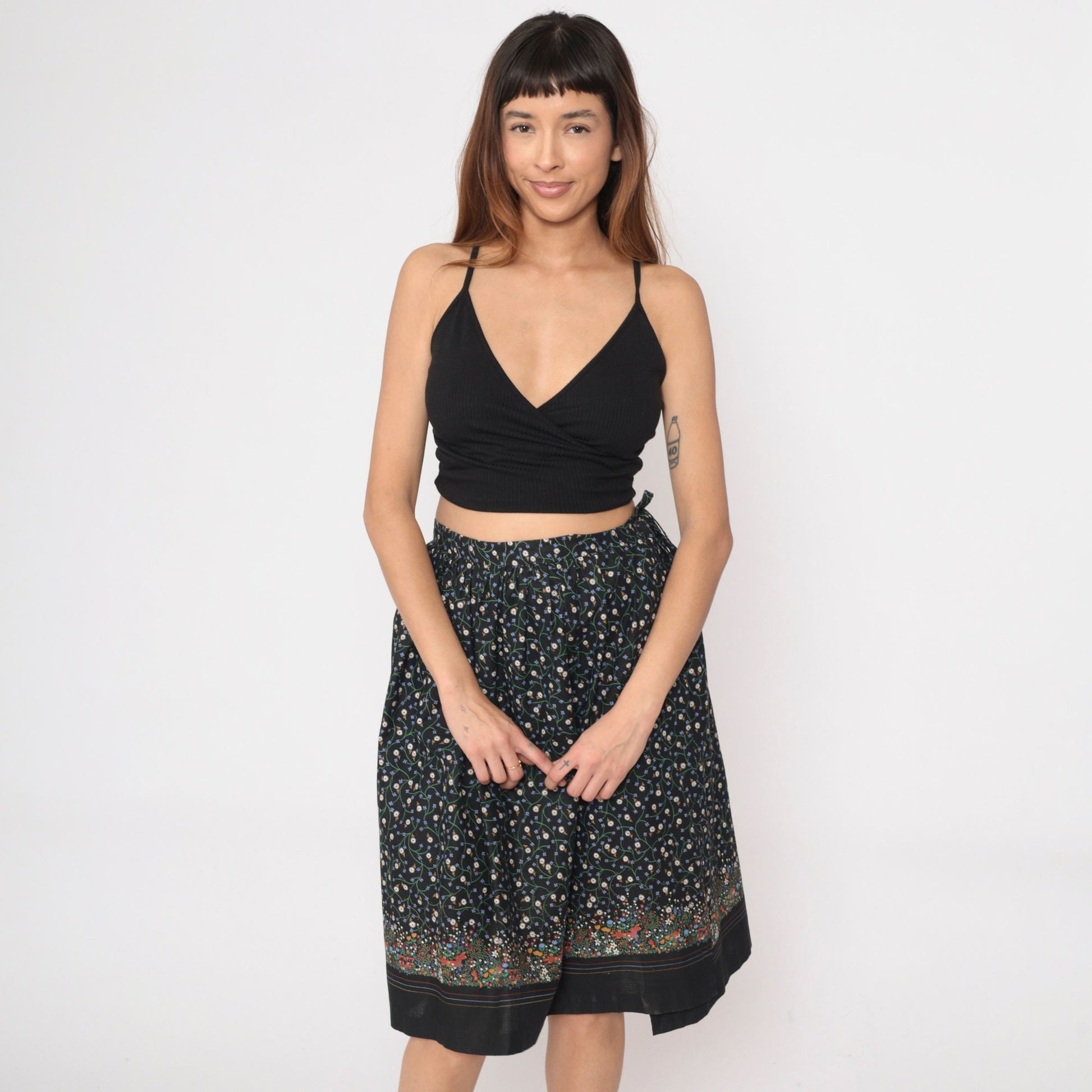 80s Black Floral Animal Print Wrap Skirt Ditsy Bunny Squirrel Raccoon Extra Small