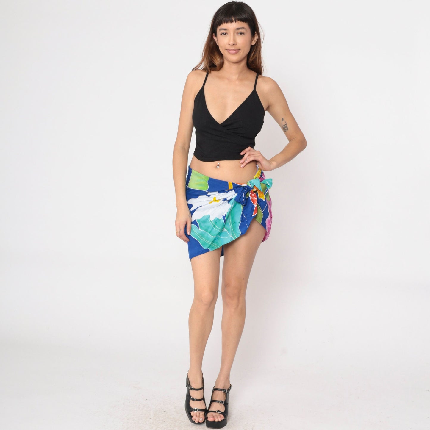 80s Buster N Bogi Tropical Sarong Mini Skirt Blue Floral Rayon Medium