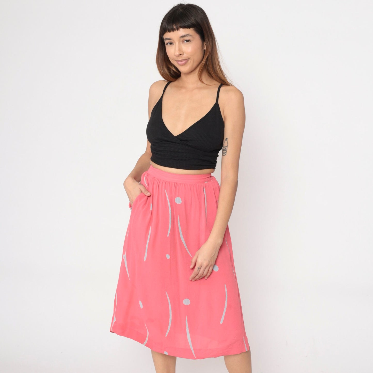 80s Uri Bloch Prive Pink Dot Line Print Midi Skirt High Waist Pockets Extra Small