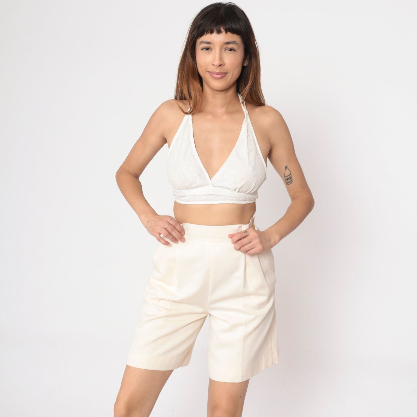 90s Mondi Cream Pleated High-Waist Shorts Wool Blend Small