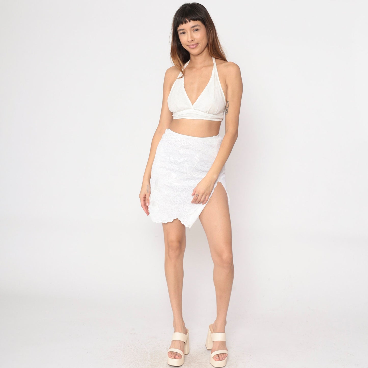 70s White Lace Half Slip Skirt Scalloped Satin Leaf Applique Small