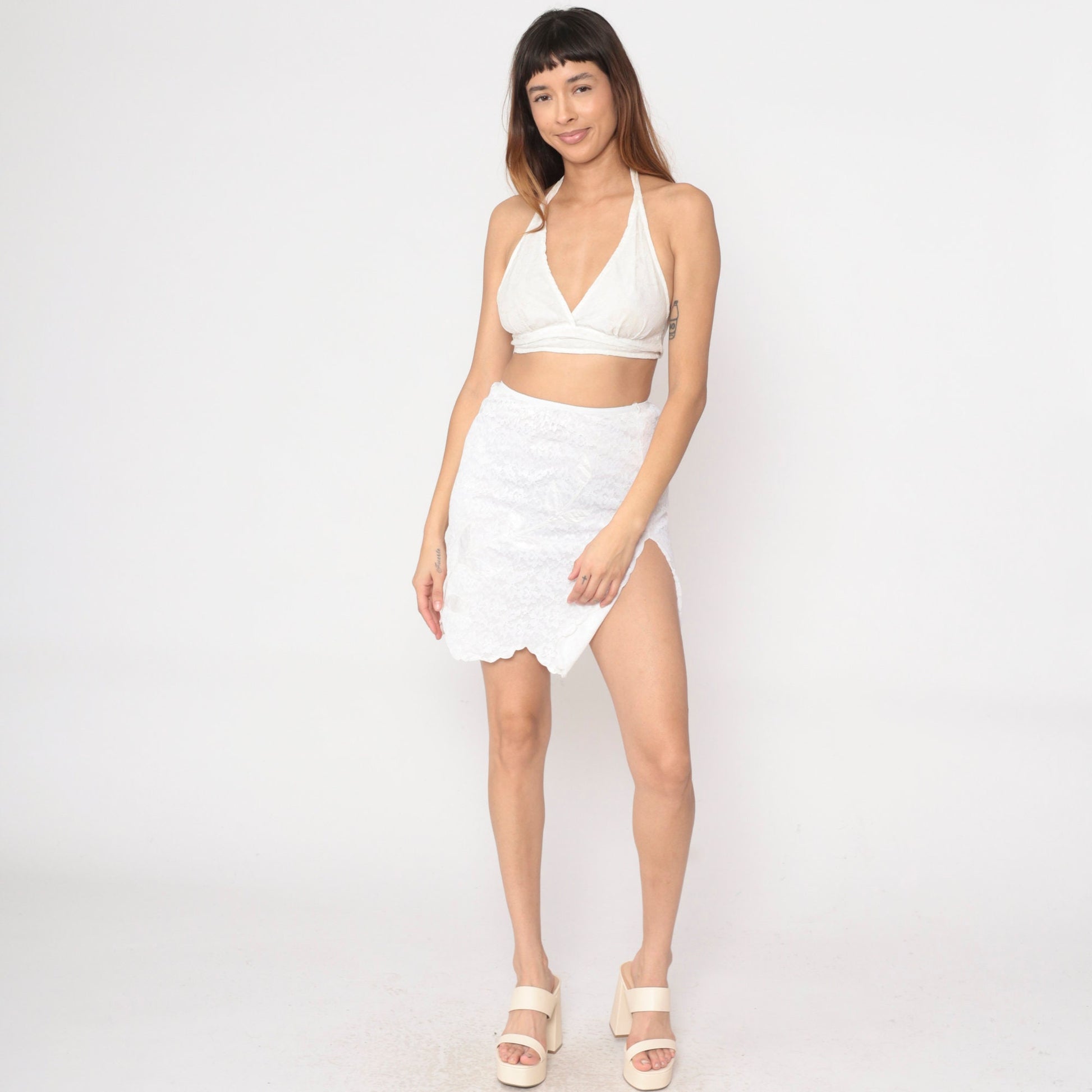 70s White Lace Half Slip Skirt Scalloped Satin Leaf Applique Small