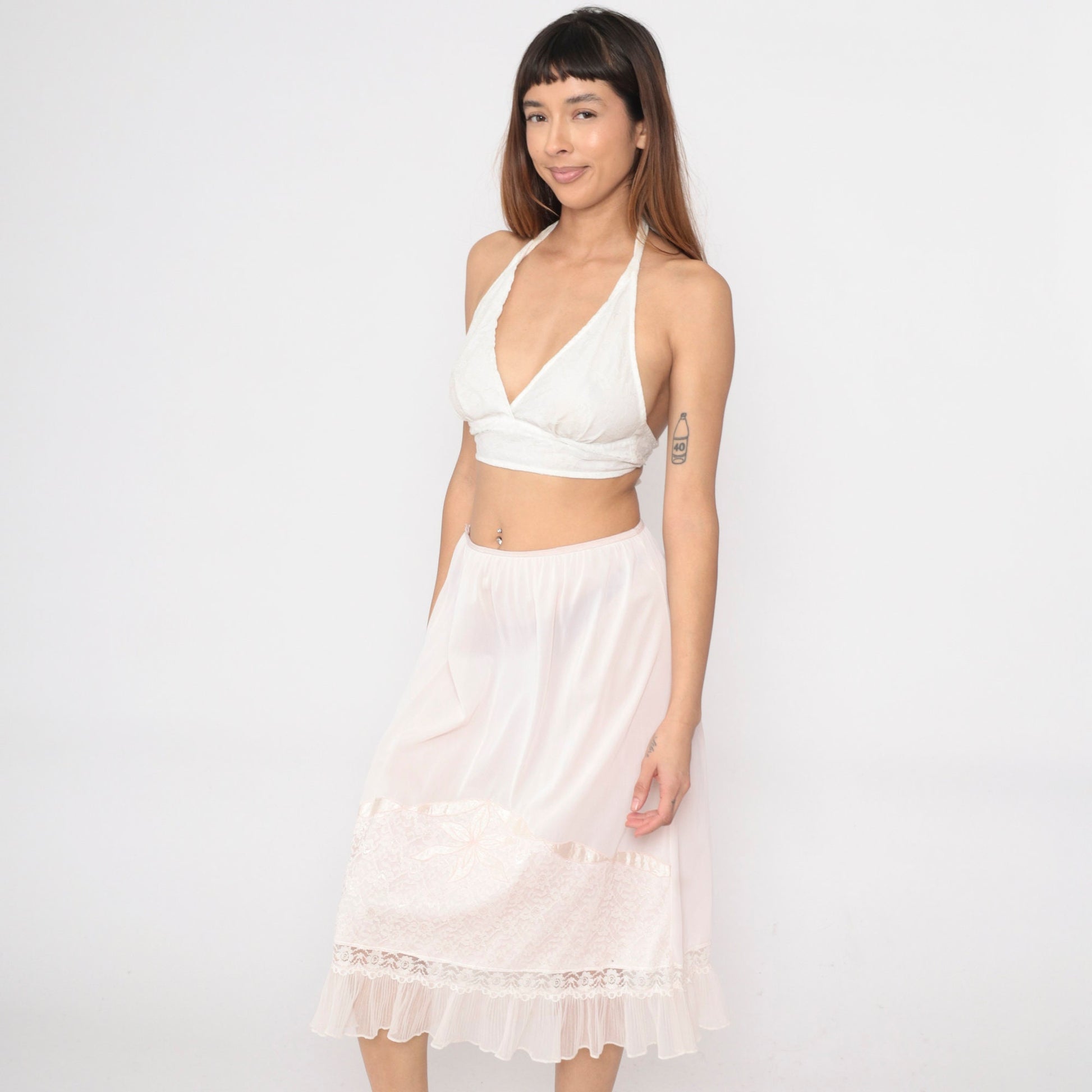 70s Lane Bryant Baby Pink Nylon Slip Skirt Lace Floral Applique Medium Large