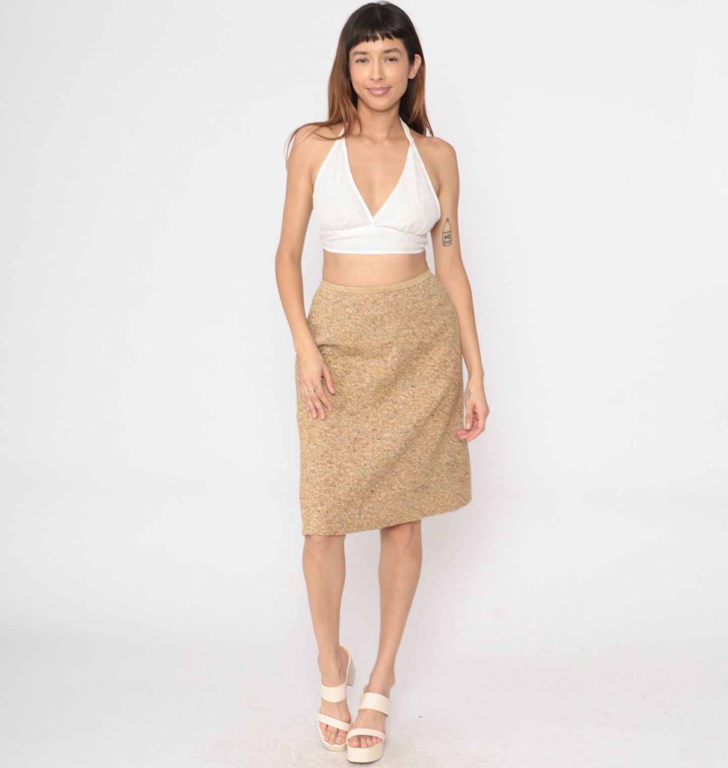 60s Tan Flecked Pencil Skirt High Waisted Tweed-Look Midi Small