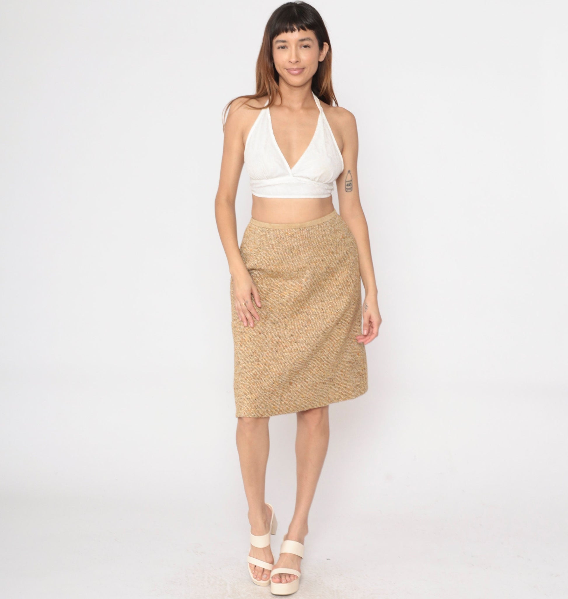 60s Tan Flecked Pencil Skirt High Waisted Tweed-Look Midi Small