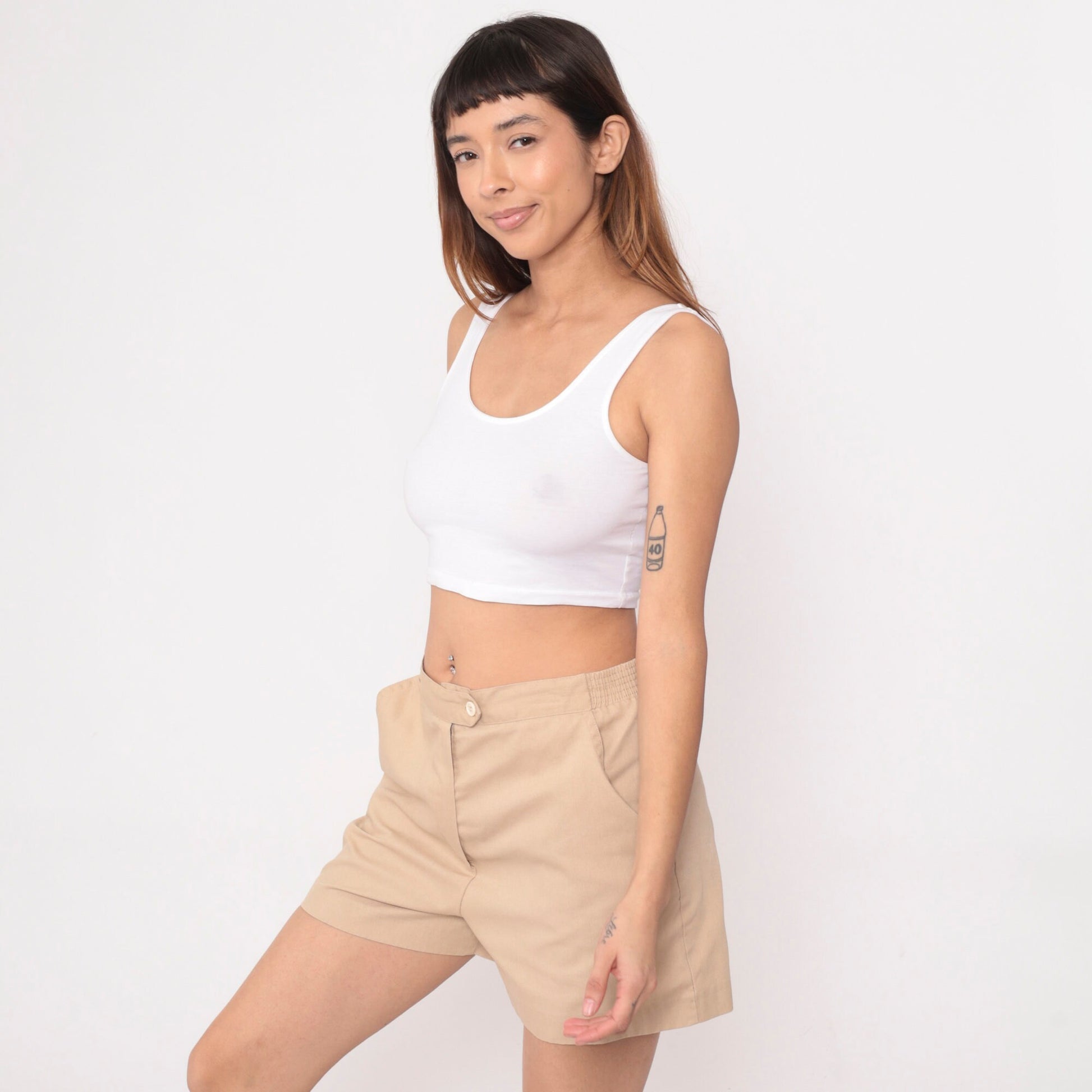 80s Tan High-Waisted Shorts Elastic Waist Cotton Blend Medium