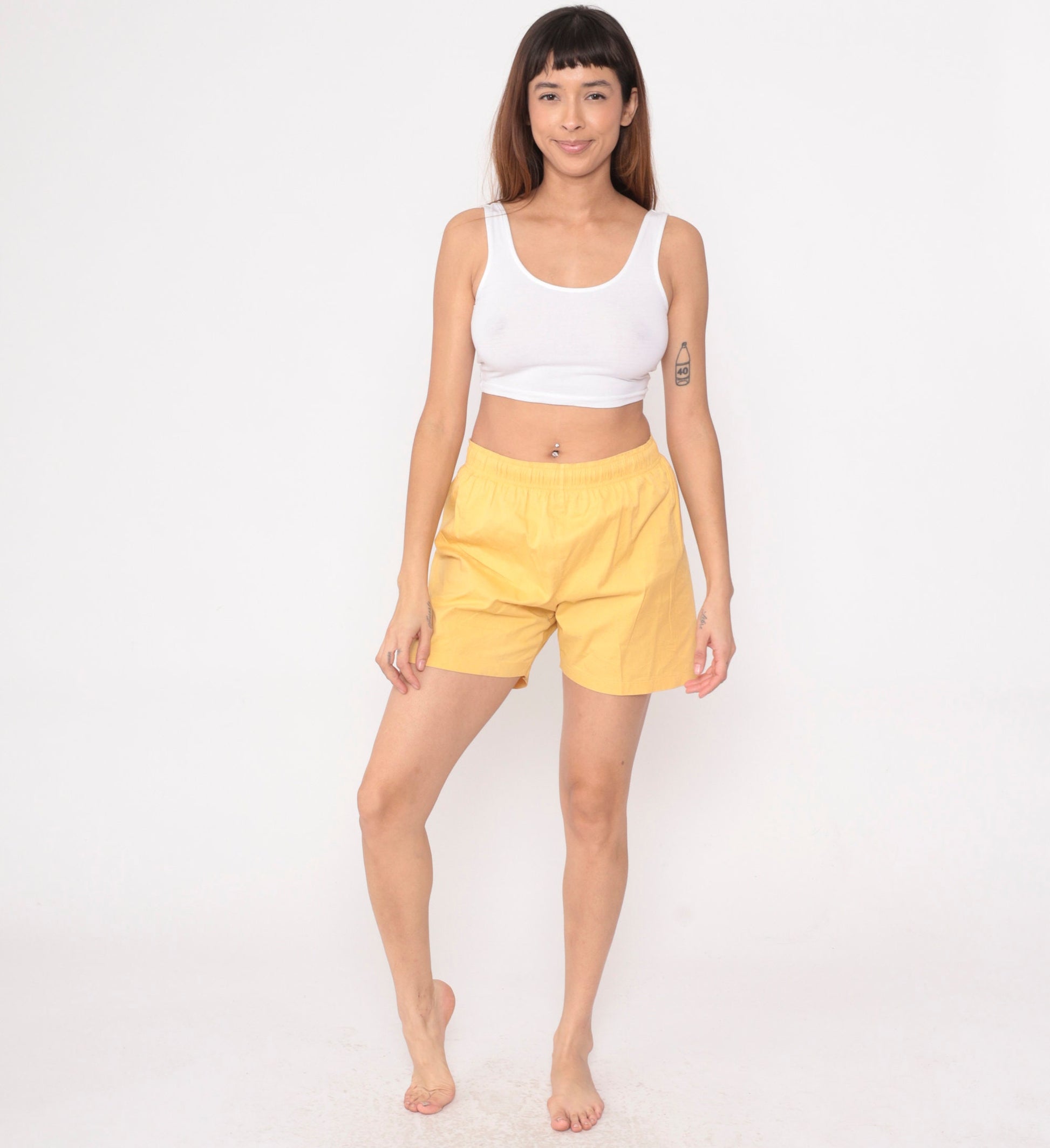 90s Yellow Cotton Swim Shorts Elastic Waist Vintage Small Medium