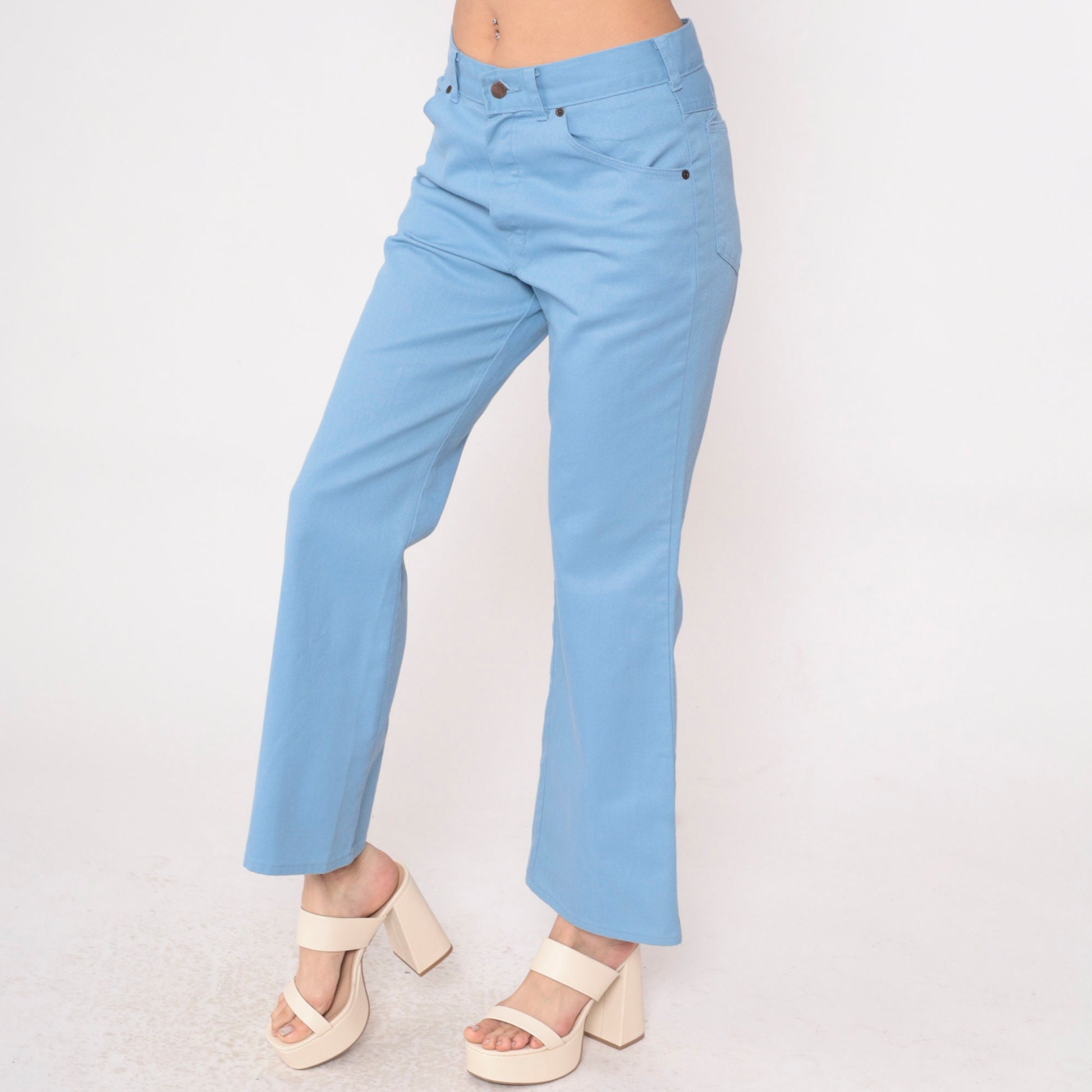 70s Big Yank Flared Trousers Baby Blue High Waist Bellbottoms Medium