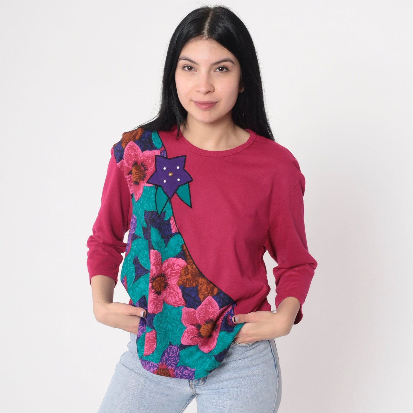90s Pink Floral Long Sleeve Blouse Pearl Beaded Colorblock Shirt Medium