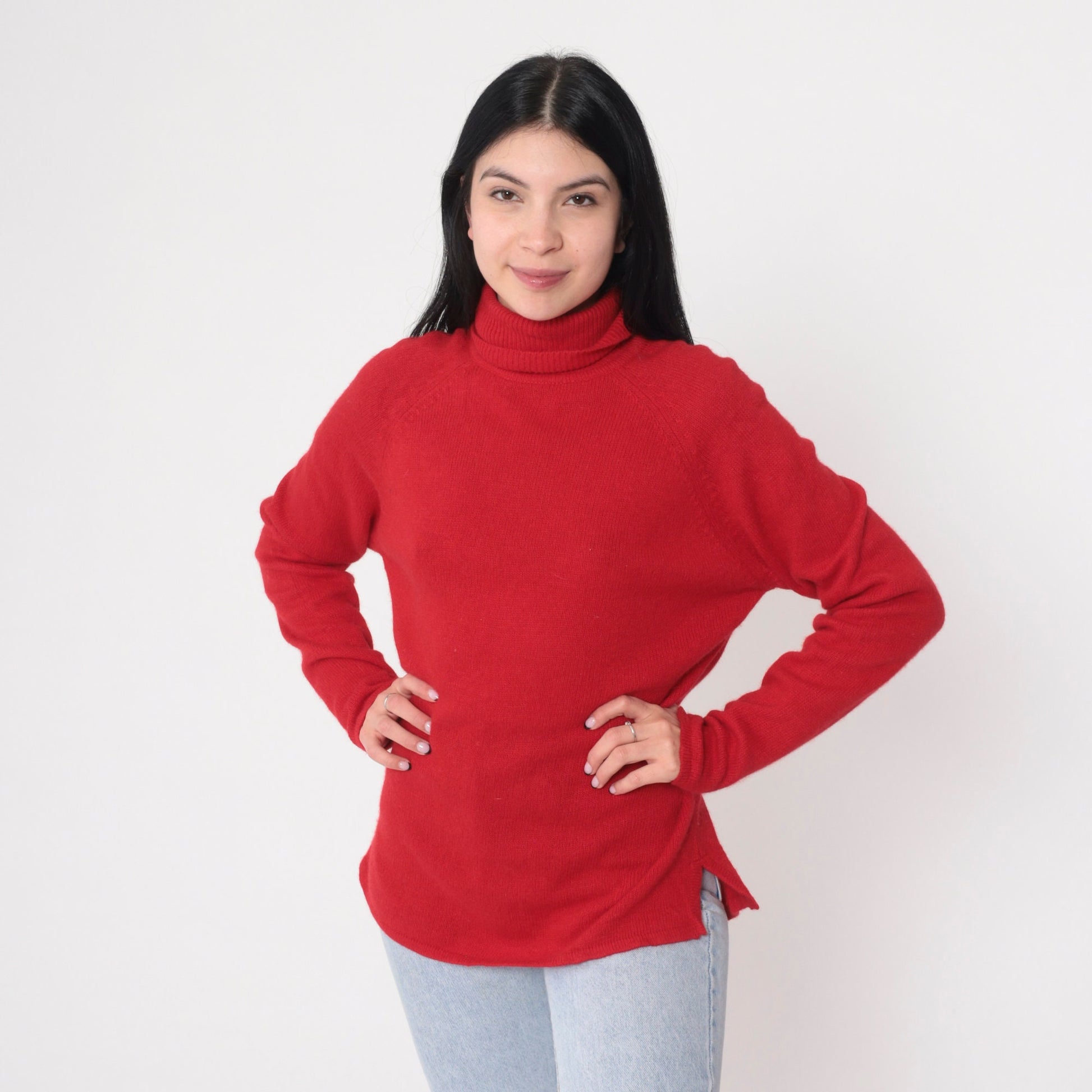 90s Red Wool Angora Turtleneck Raglan Sweater Knit Pullover Large L