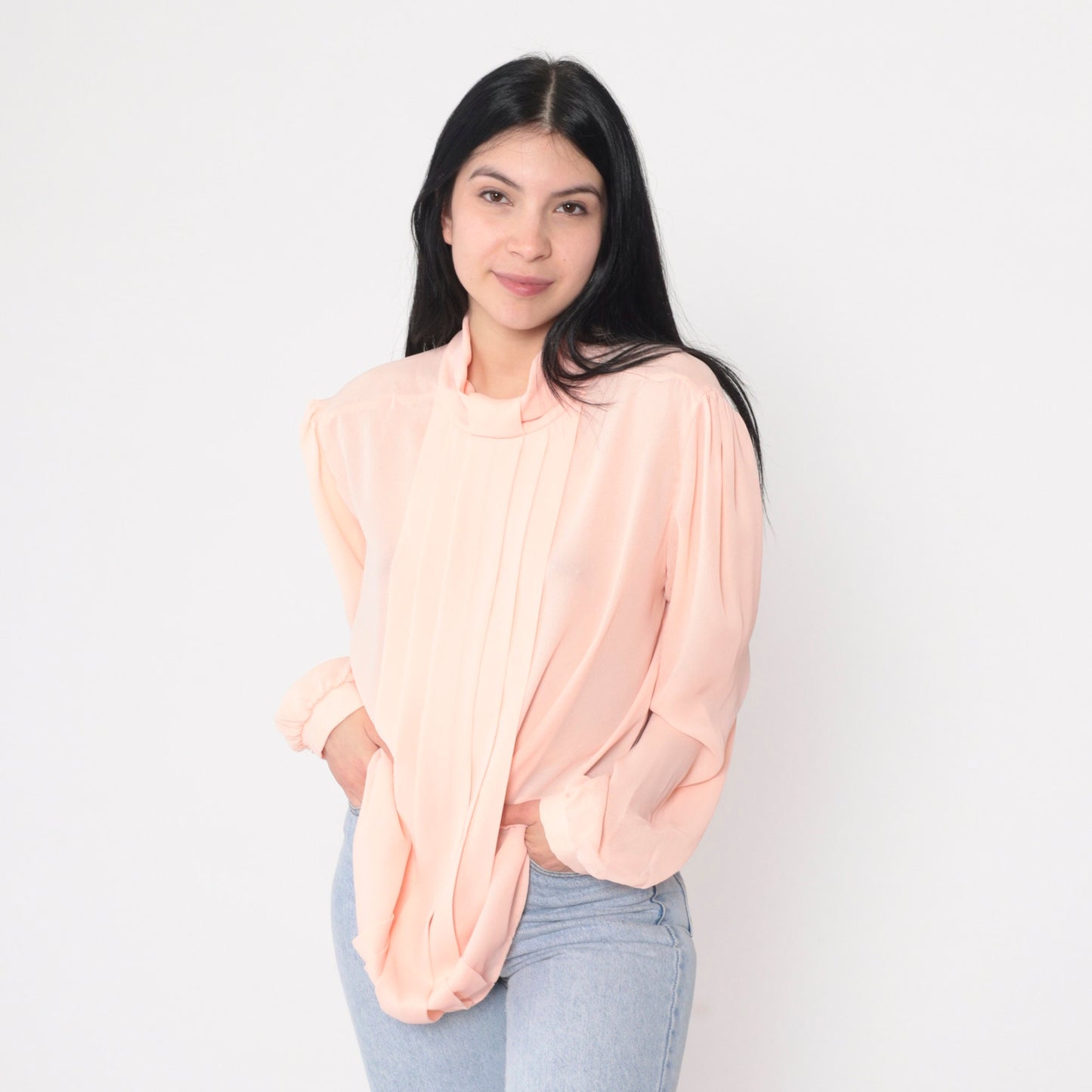90s Pink Pleated Blouse Puff Sleeve Keyhole Back Semi-Sheer Large