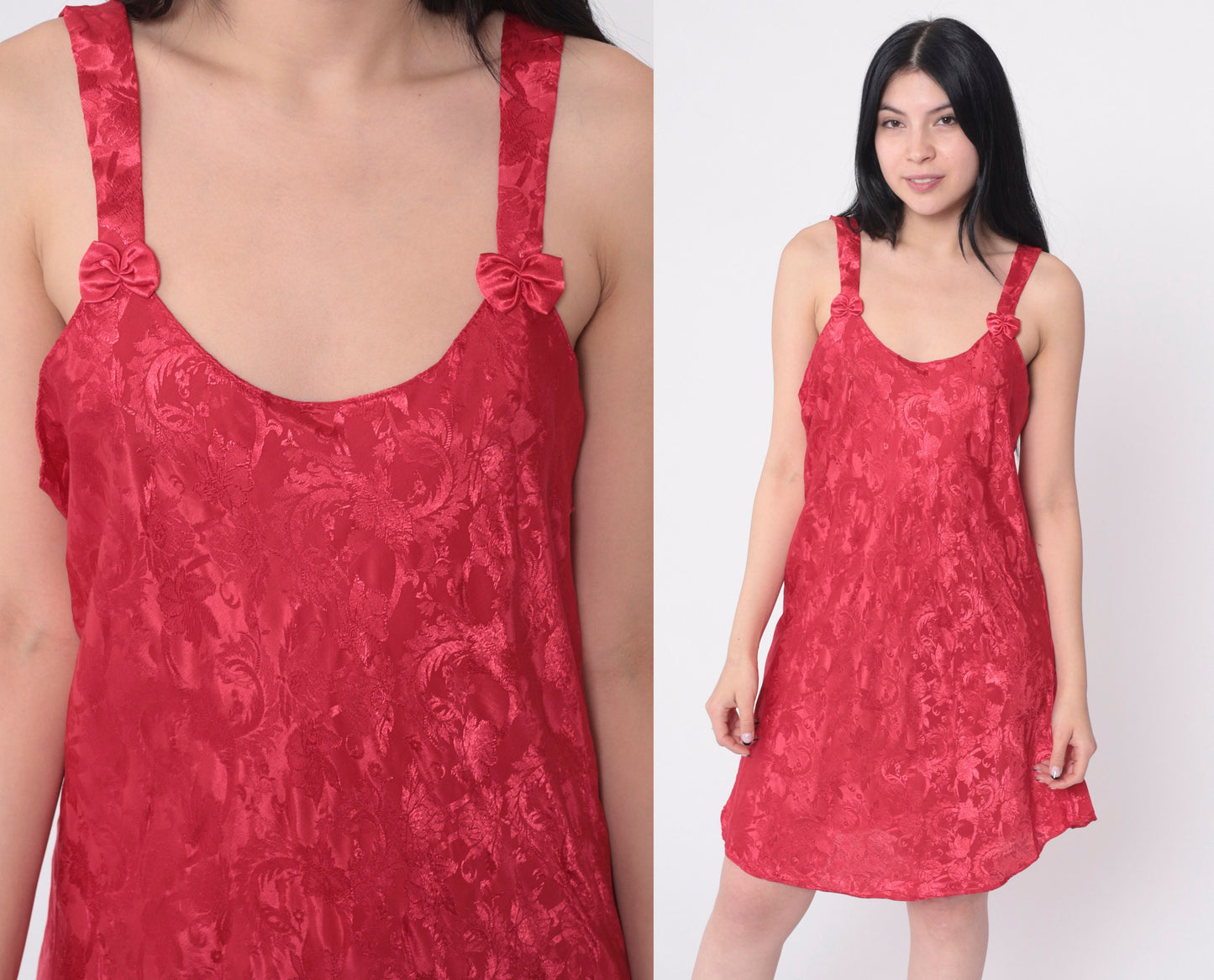 90s Red Floral Embossed Slip Dress Mini Nightgown Bows Medium