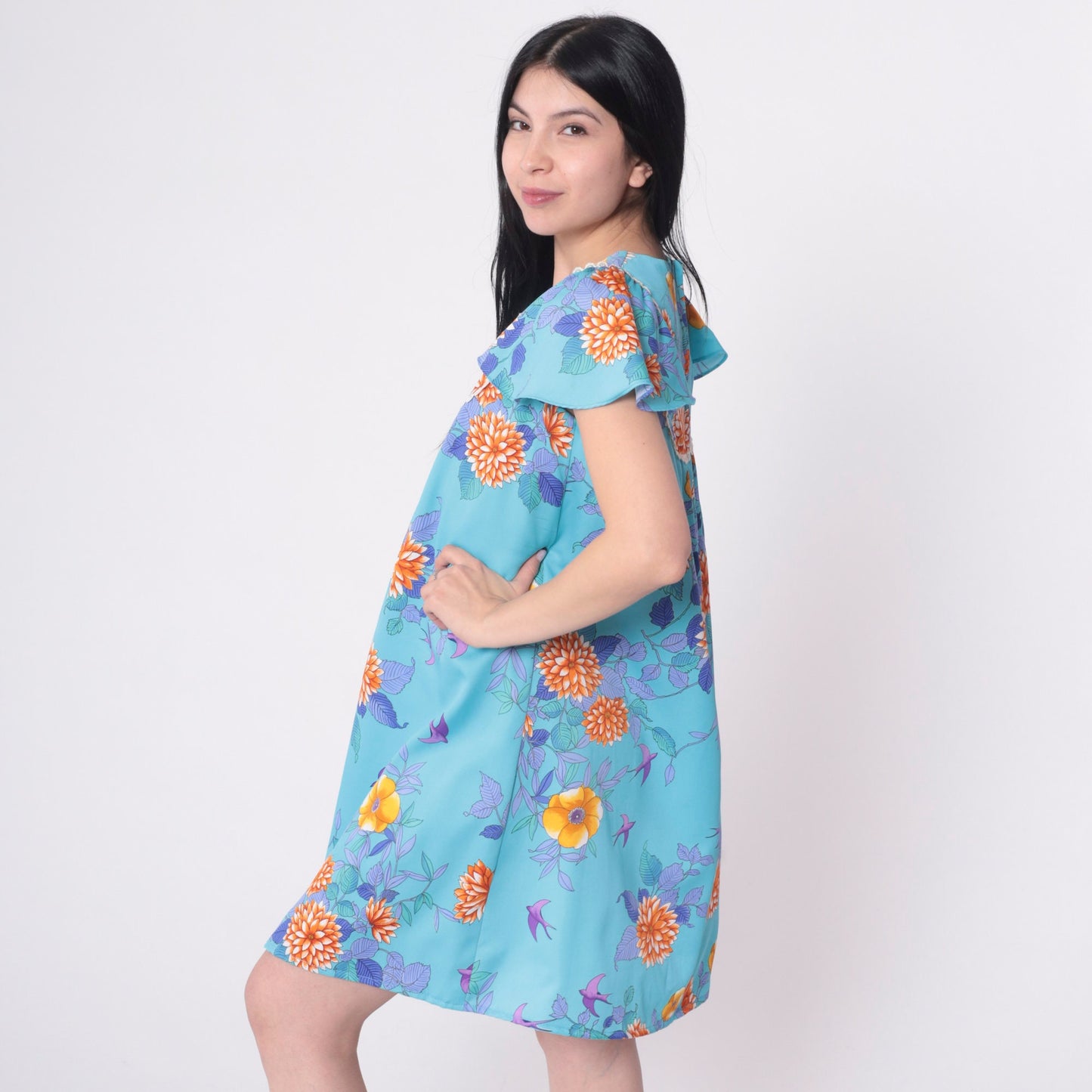 70s Blue Floral Mini Dress Tropical Print Flutter Sleeve Shift Small