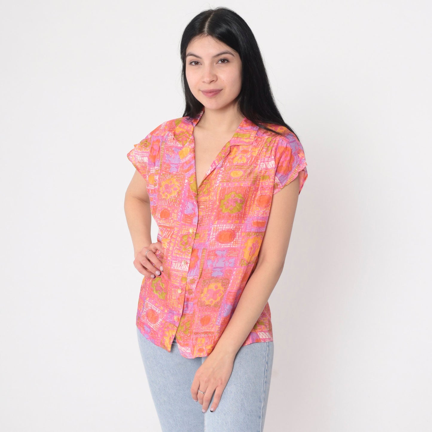 70s Abstract Floral Silk Blouse Pink Orange Cap Sleeve Button Up Large