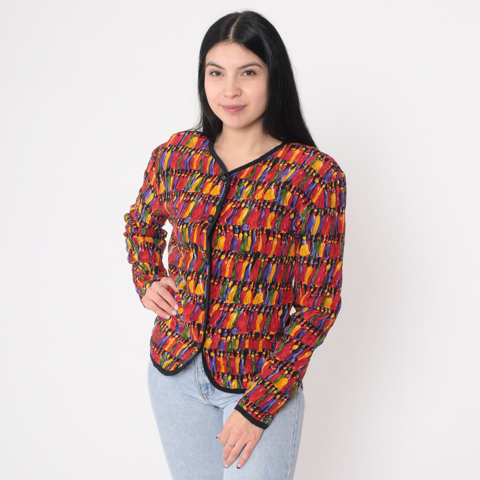 90s Quilted Jacket Colorful Tassel Print Button-Up Blazer Small