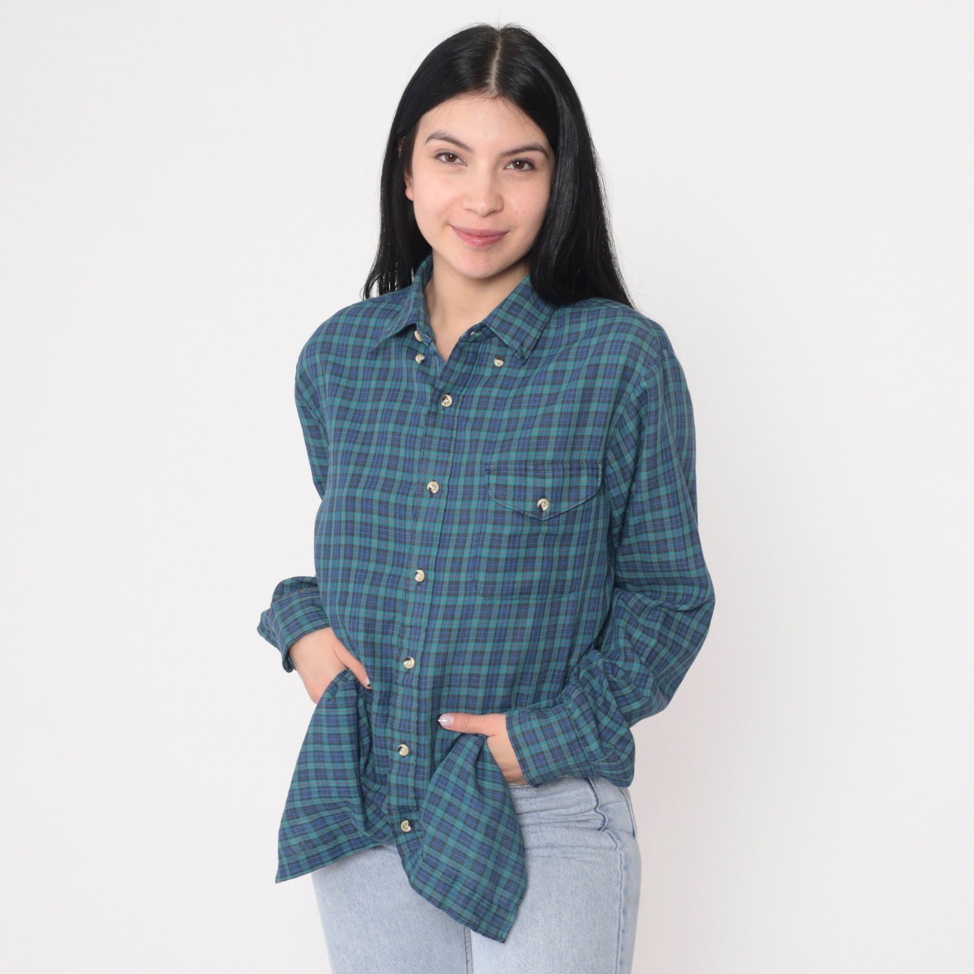90s Chevalier Royale Flannel Shirt Blue Green Plaid Button-Up Medium