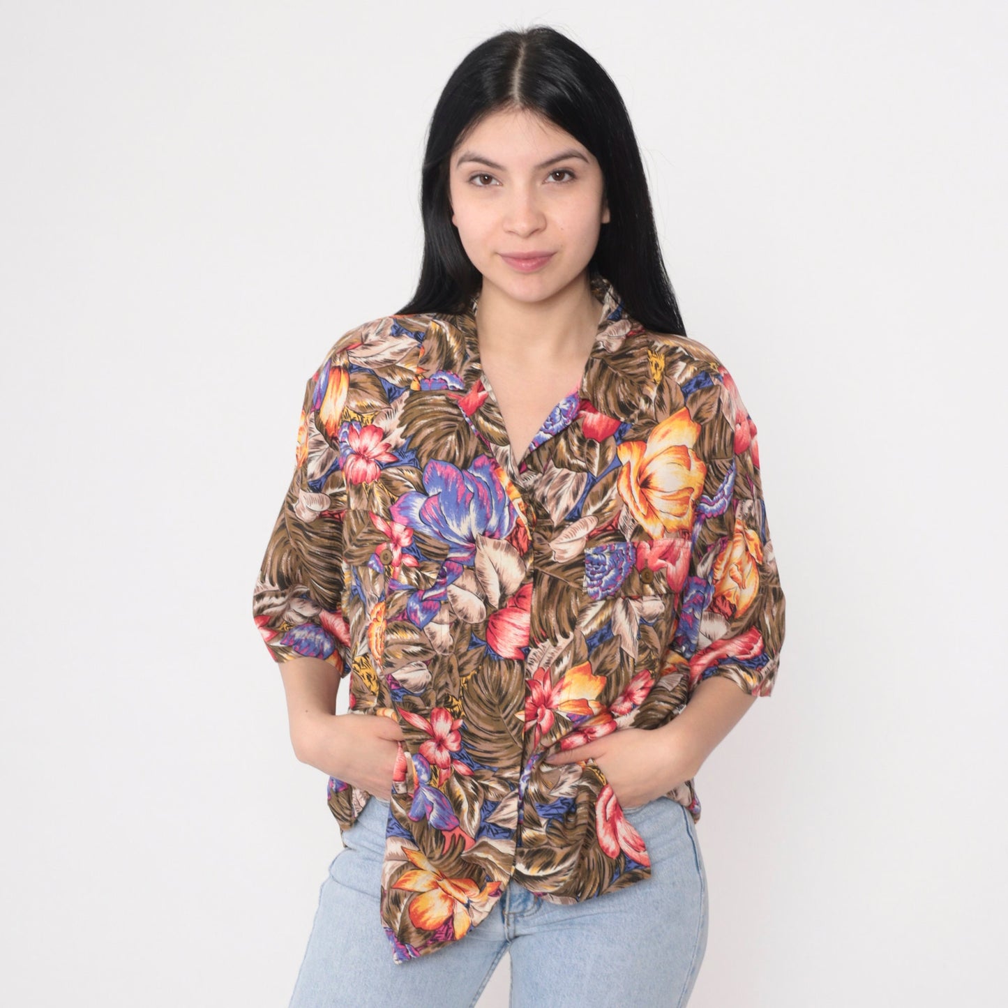 90s Tropical Floral Button-Up Shirt Leaf Print Hawaiian Blouse Plus Size 16W
