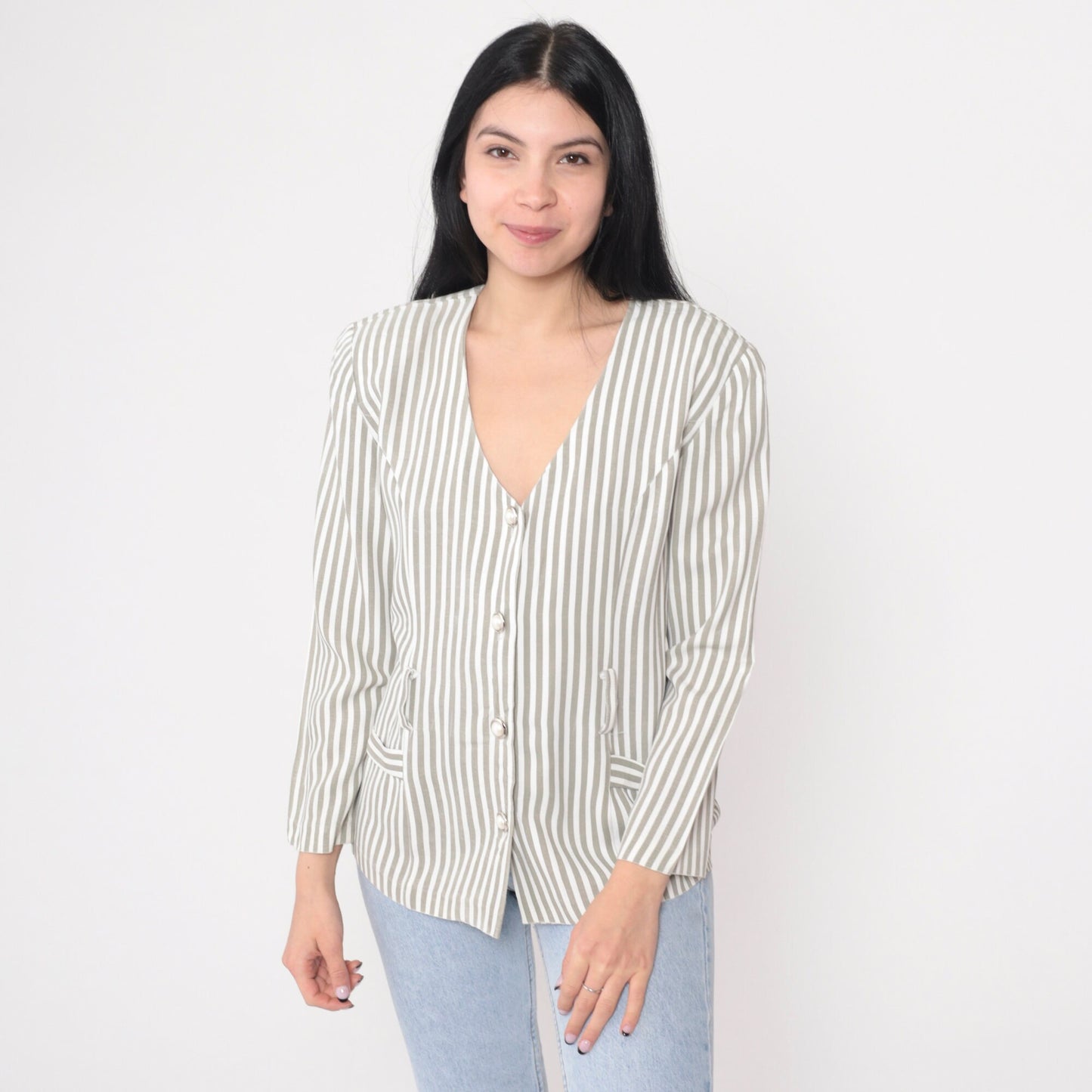 90s Striped Puff Sleeve Blouse Button-Up V-Neck Shirt Small S