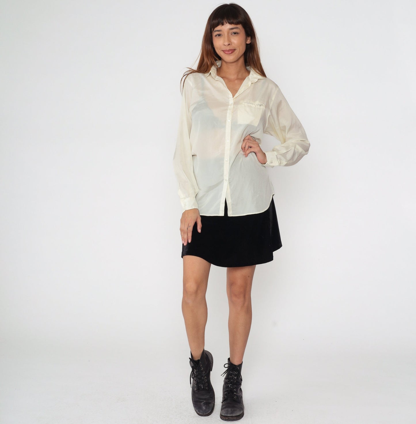 80s Liz Claiborne Cream Button-Up Blouse Long Sleeve Chest Pocket Large
