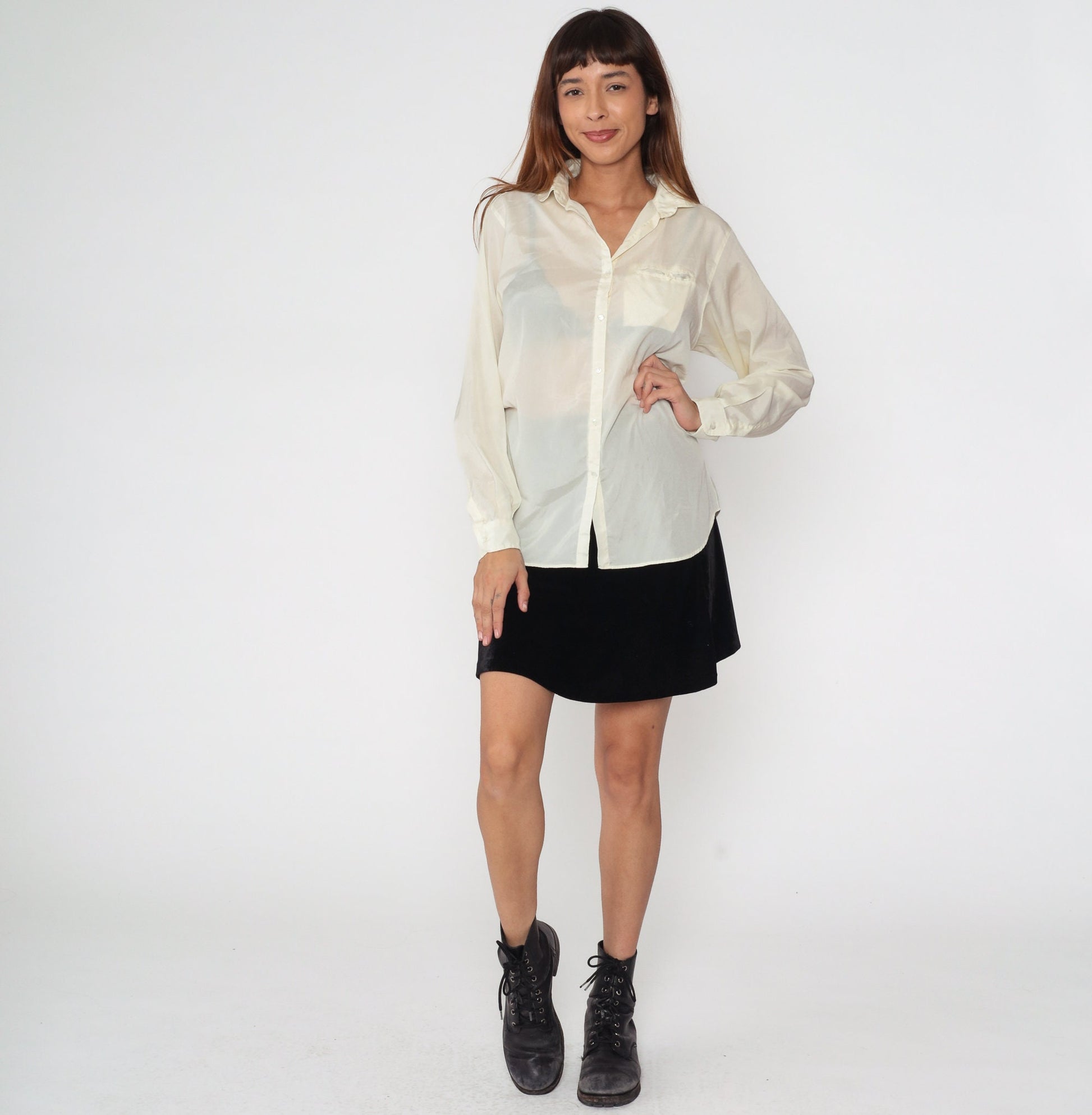 80s Liz Claiborne Cream Button-Up Blouse Long Sleeve Chest Pocket Large