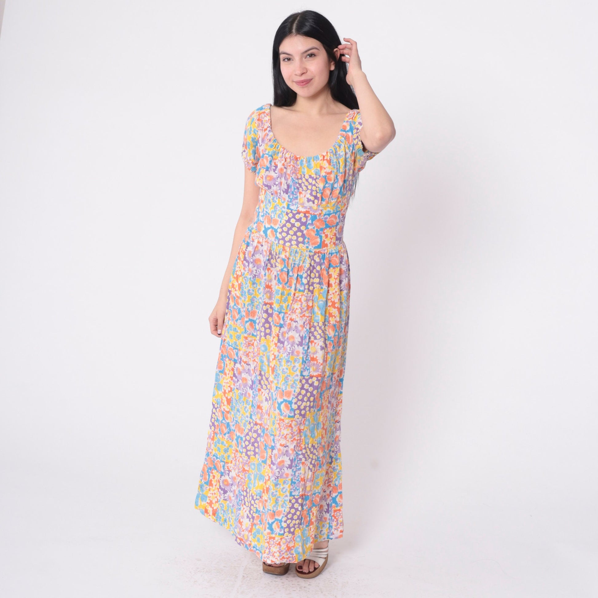70s Patchwork Floral Off-Shoulder Maxi Dress Midriff Band Small