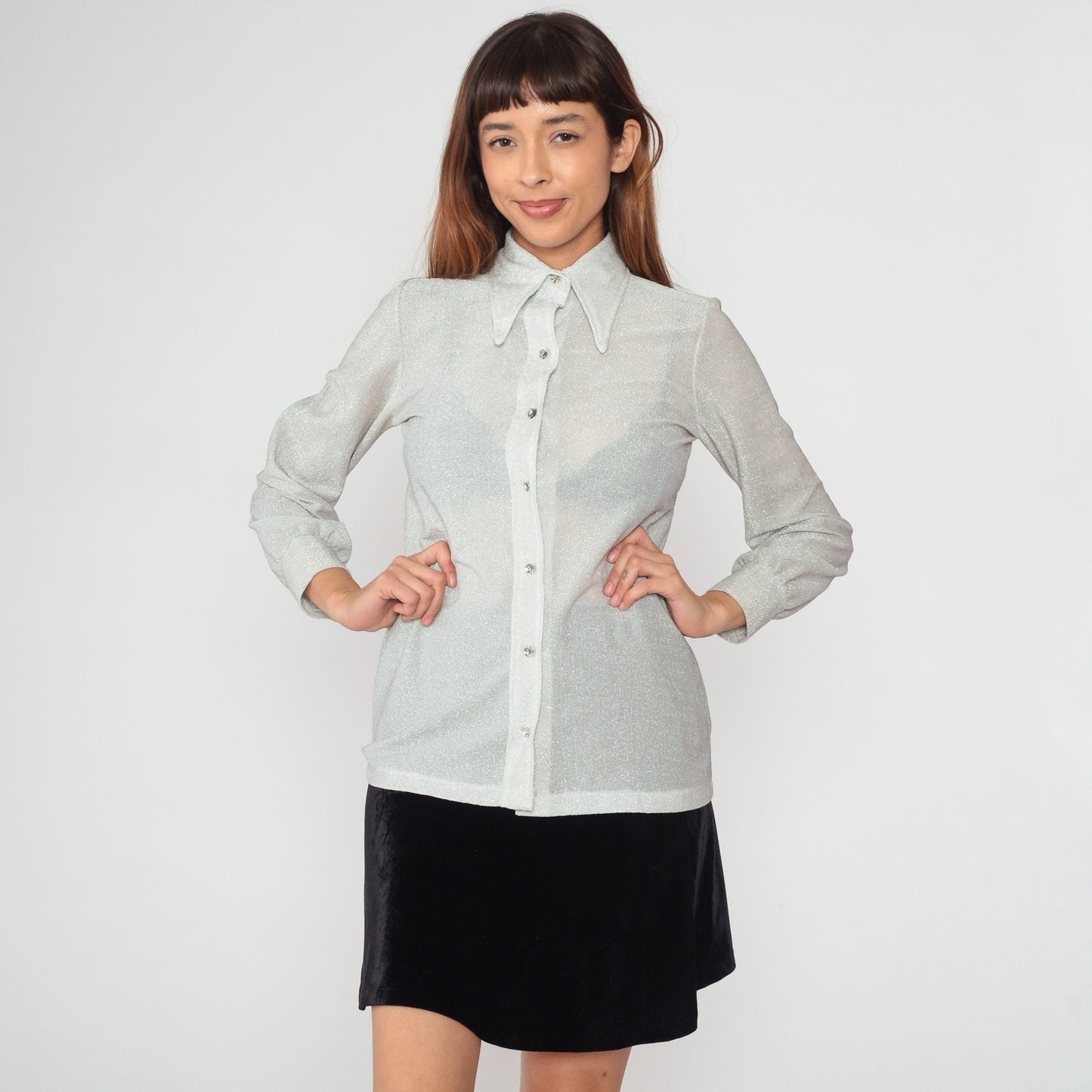 70s Metallic Silver Rhinestone Button Blouse Dagger Collar Long Sleeve Small