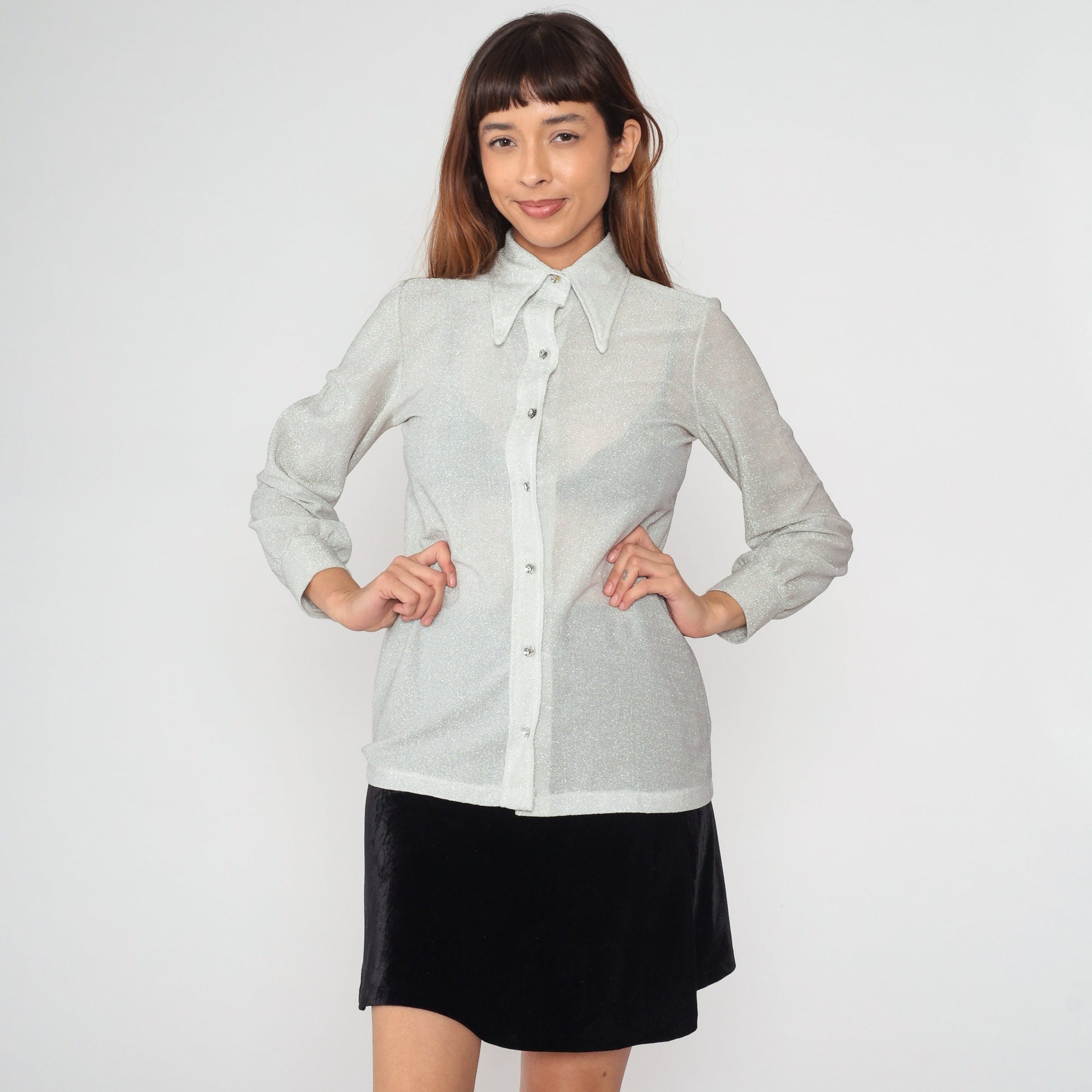 70s Metallic Silver Rhinestone Button Blouse Dagger Collar Long Sleeve Small