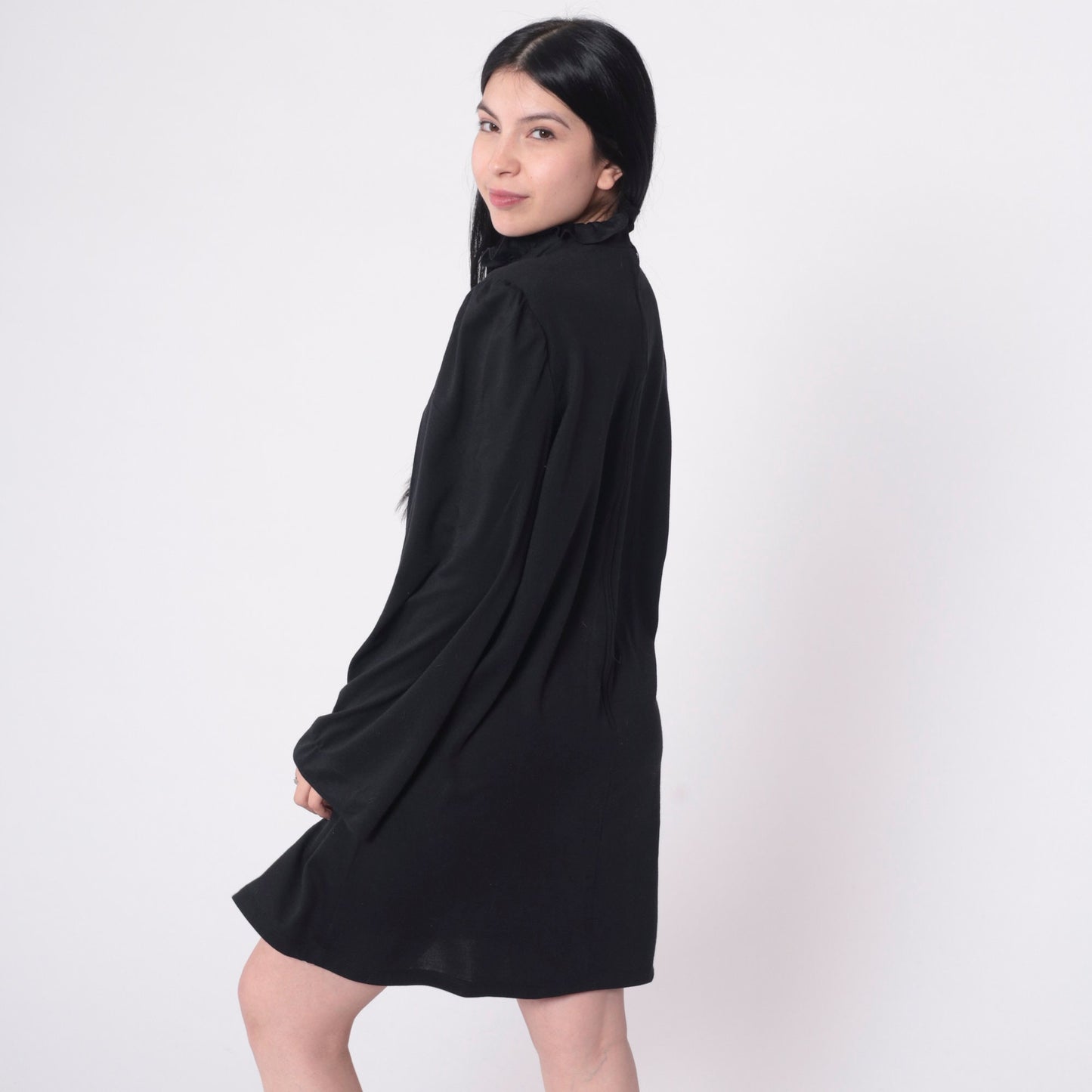 70s Black Shift Dress Ruffle Neck Pintuck Puff Sleeve Mini Medium Large