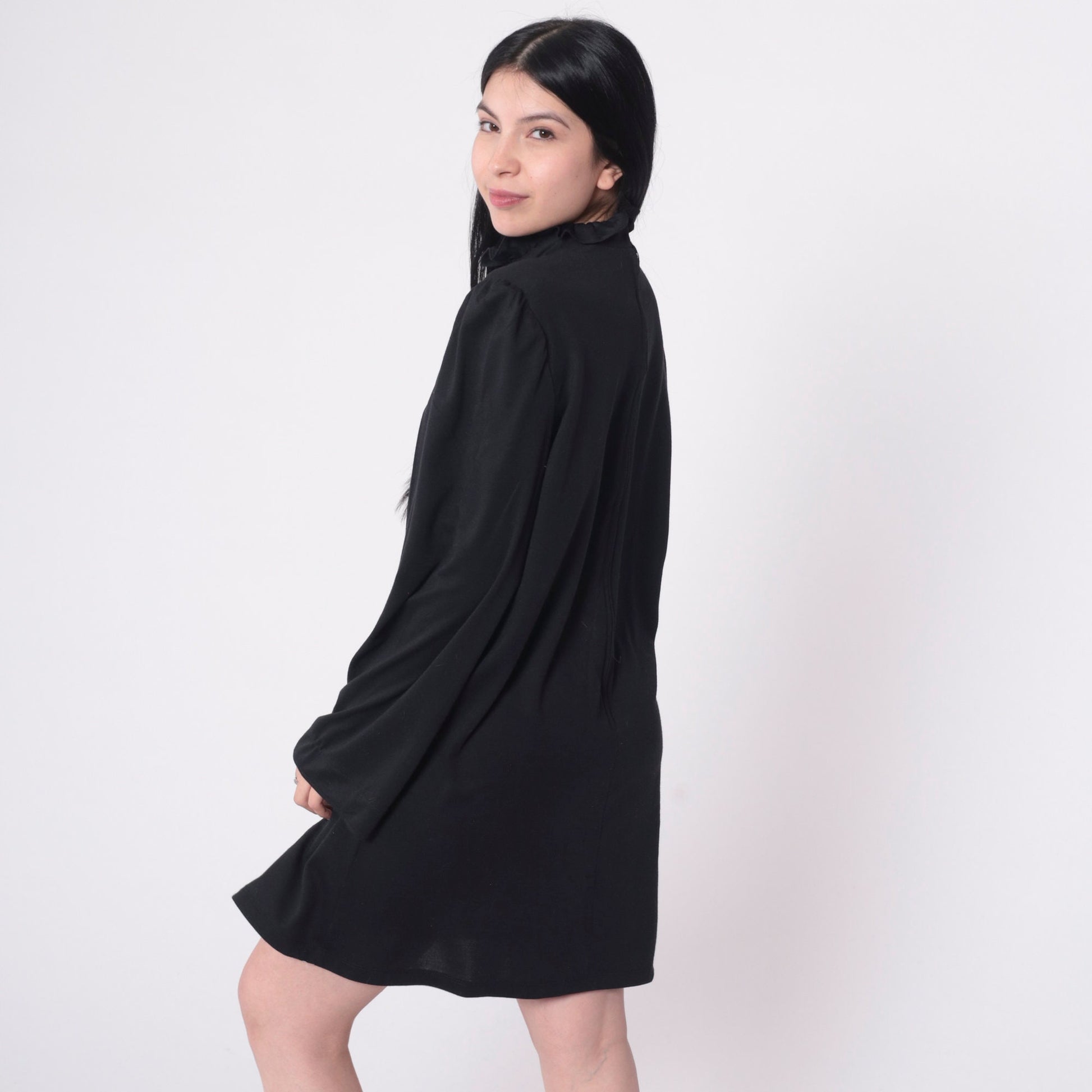 70s Black Shift Dress Ruffle Neck Pintuck Puff Sleeve Mini Medium Large