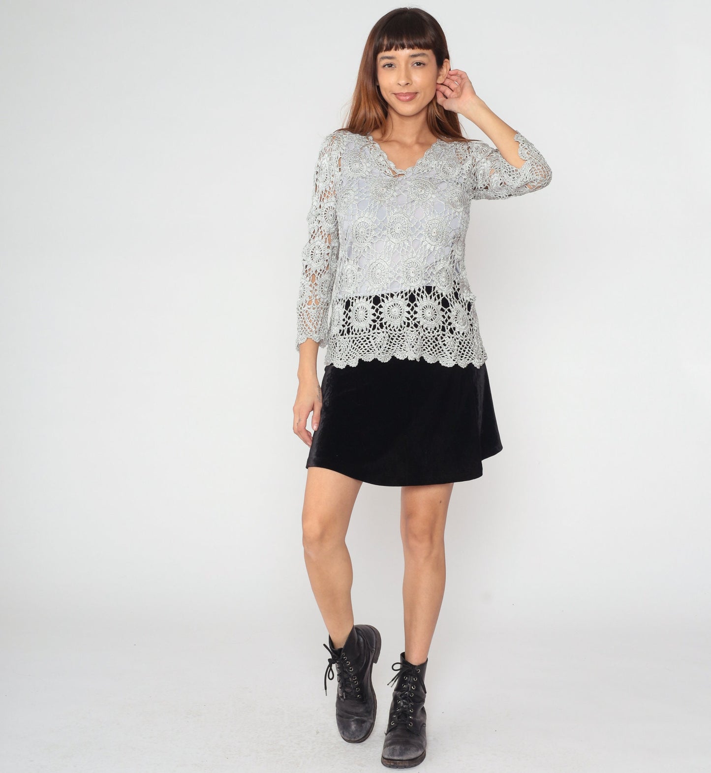 90s Grey Crochet Sun Design Pullover Blouse 3/4 Sleeve Medium M