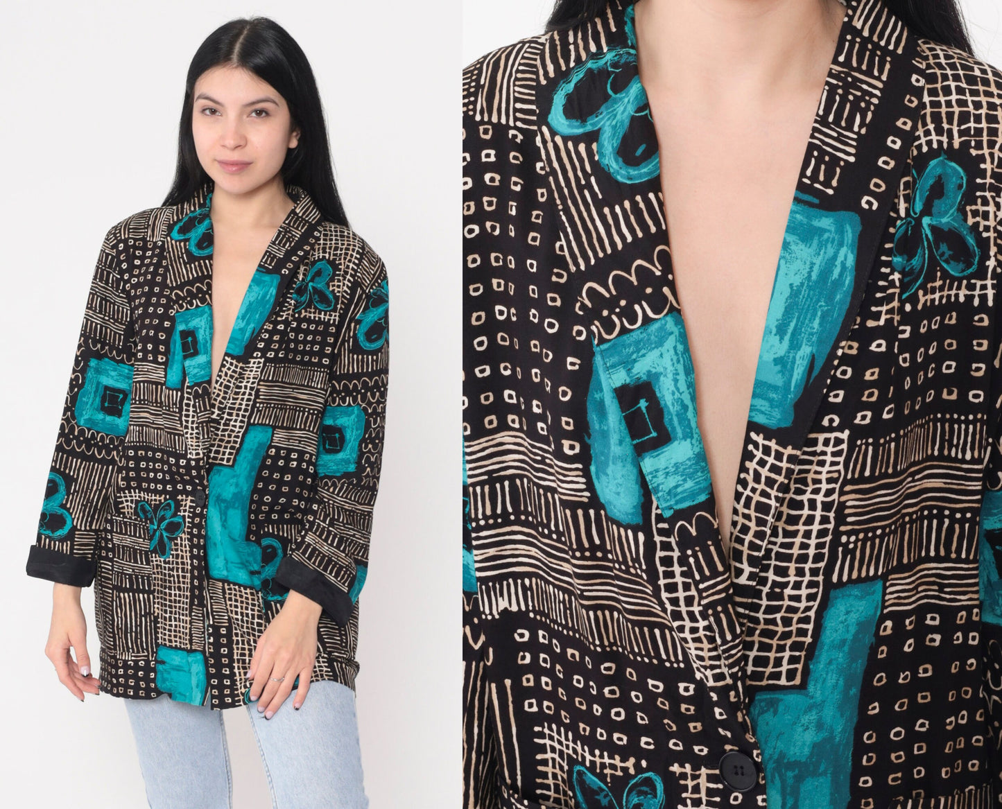 90s Kensington Square Blazer Black White Abstract Floral Print Blue Flowers Large L