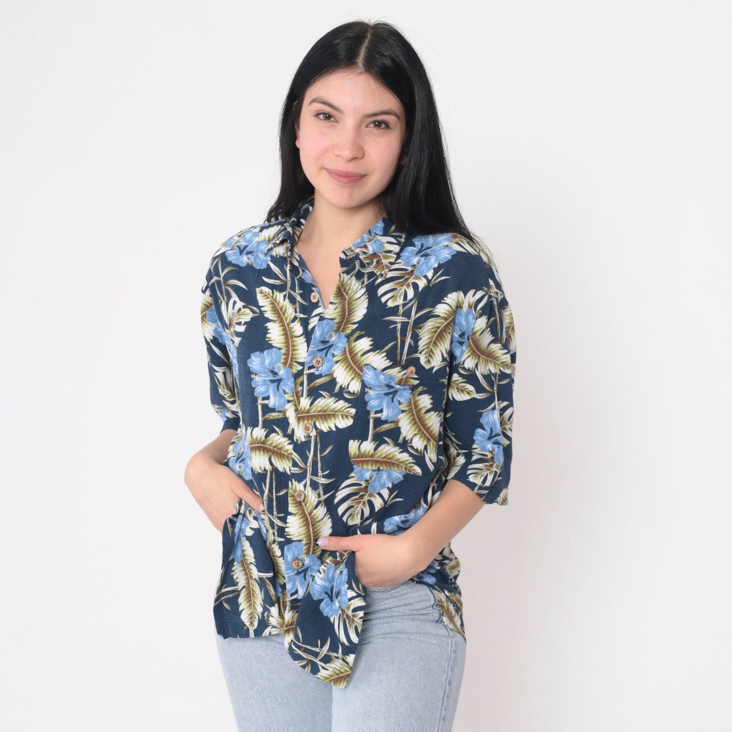 Y2K Blue Hawaiian Shirt Tropical Floral Hibiscus Button Up Medium M