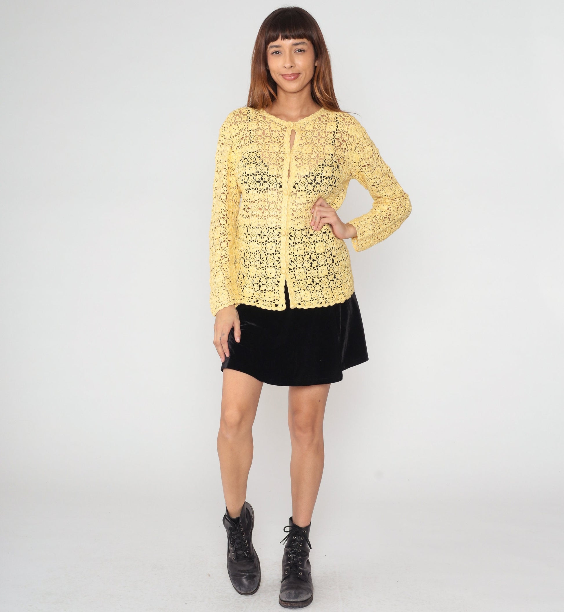 80s Yellow Crochet Cardigan Floral Cutout Cotton Knit Medium