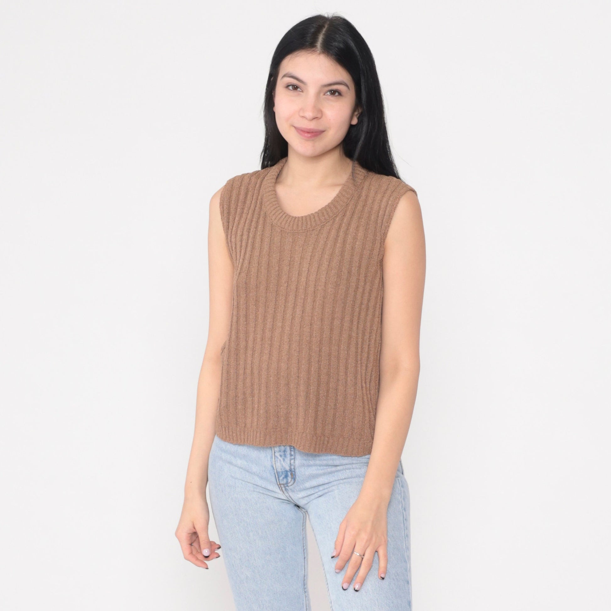 80s Cocoa Brown Ribbed Knit Sweater Vest Scoop Neck Pullover Medium M