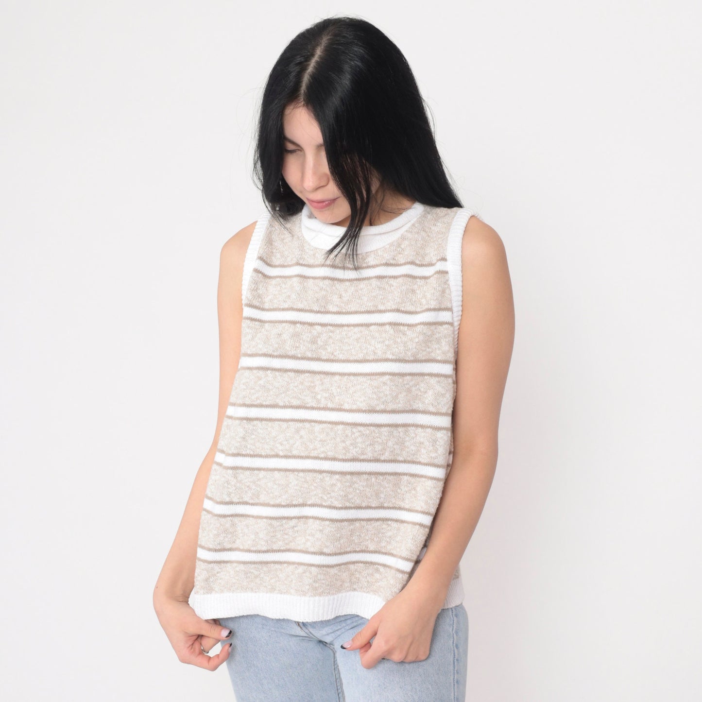 80s Striped Knit Sweater Vest Tan White Mock Neck Pullover Medium