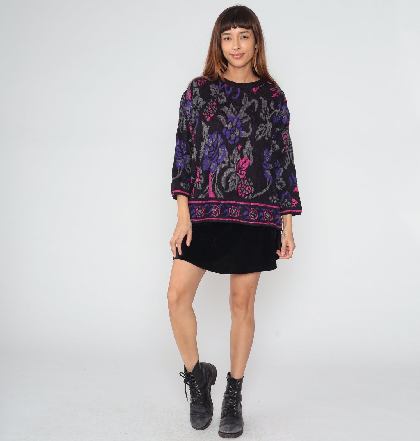 80s Black Floral Knit Sweater Pink Purple Rose All-Over Print Large L